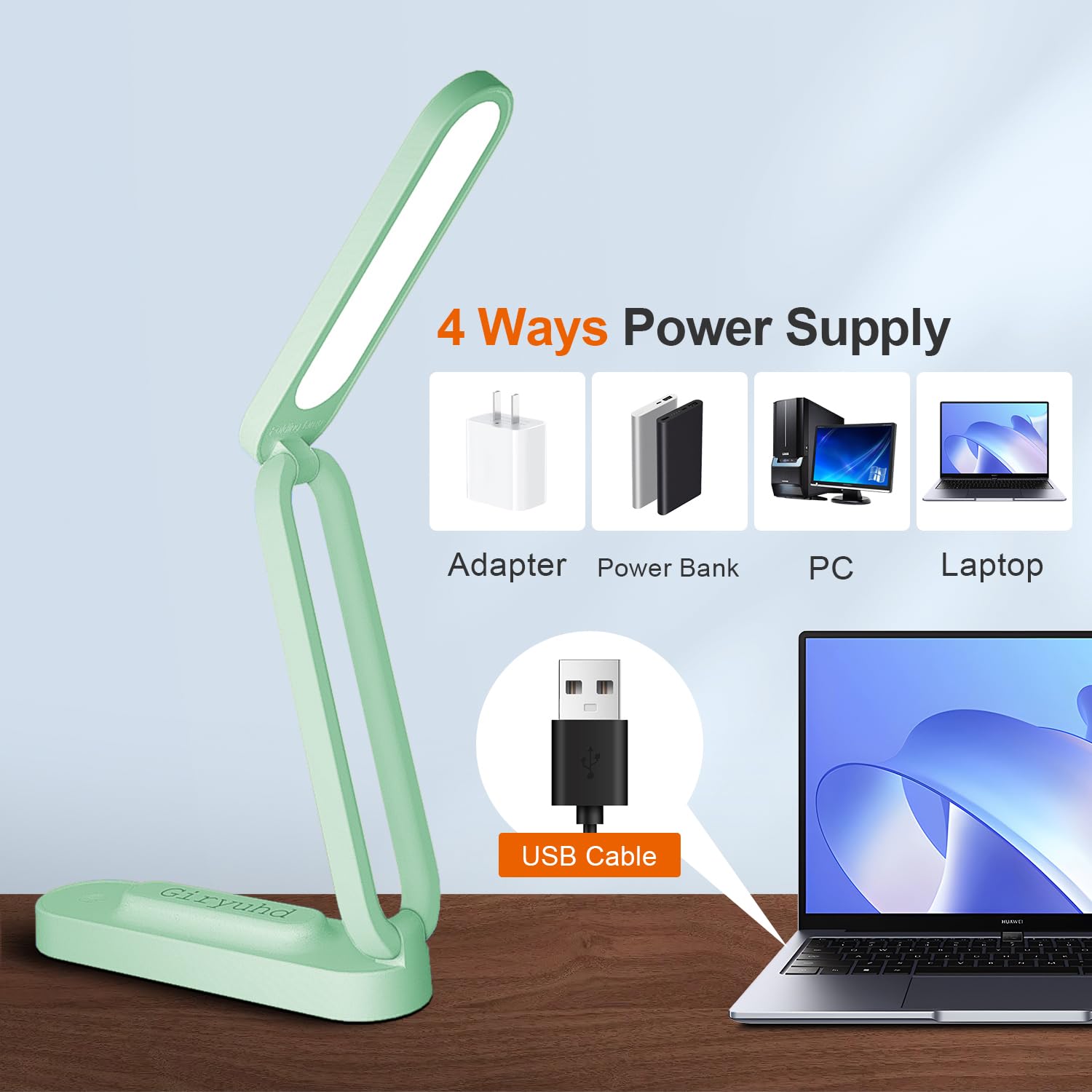Giryuhd LED Desk Lamp - Rechargeable & Portable, 3 Brightness Levels, Green, Model A211, Foldable Light for Office & Home