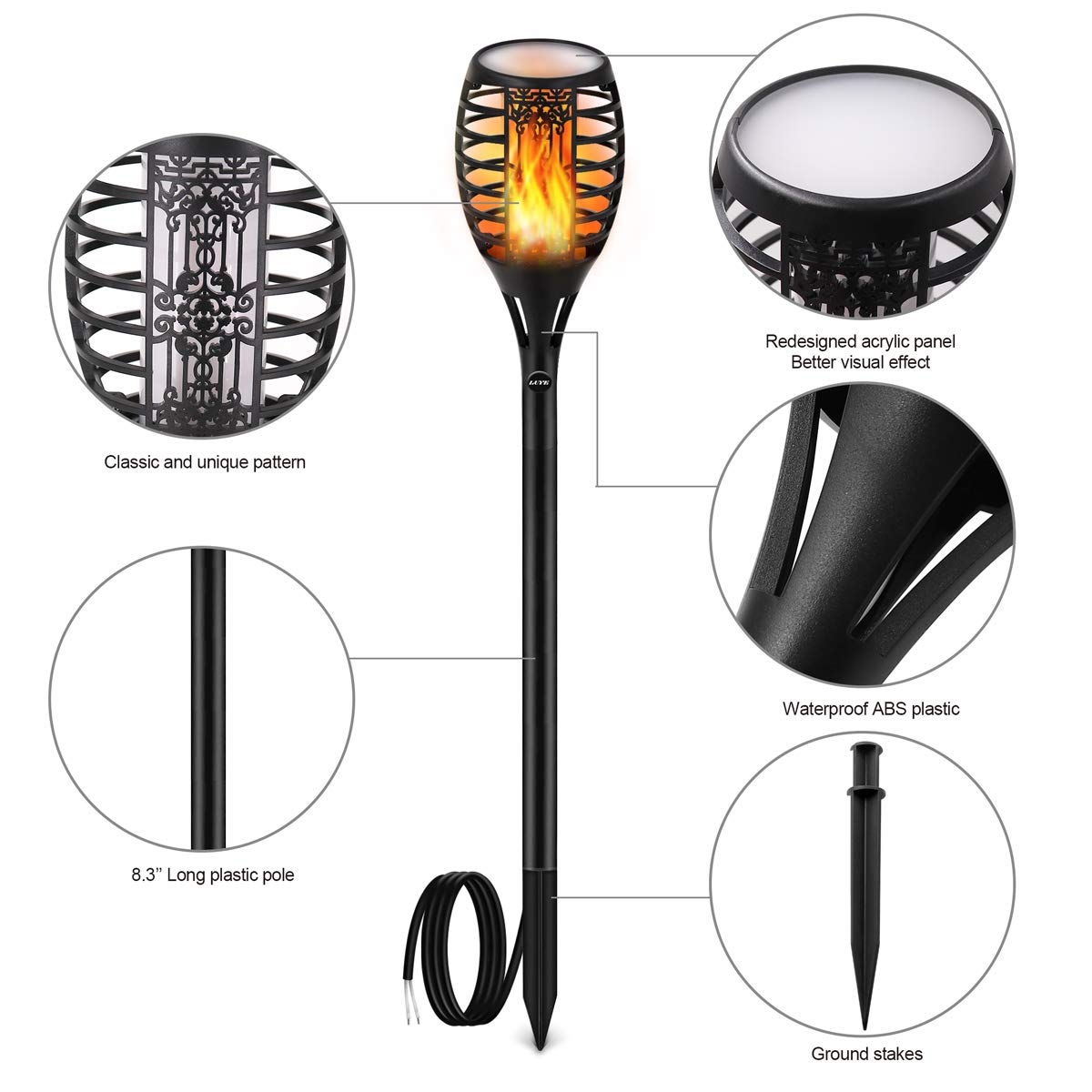 LUYE Low Voltage LED Landscape Torch Lights, Flickering Flame, IP65 Waterproof, Black, 12V, 6-Pack