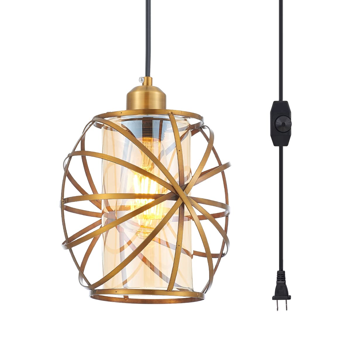 YLONG-ZS Gold Plug-in Pendant Light, Dimmable Glass Hanging Lamp for Kitchen Island, Bedroom, Living Room, Model YL26A-Gold