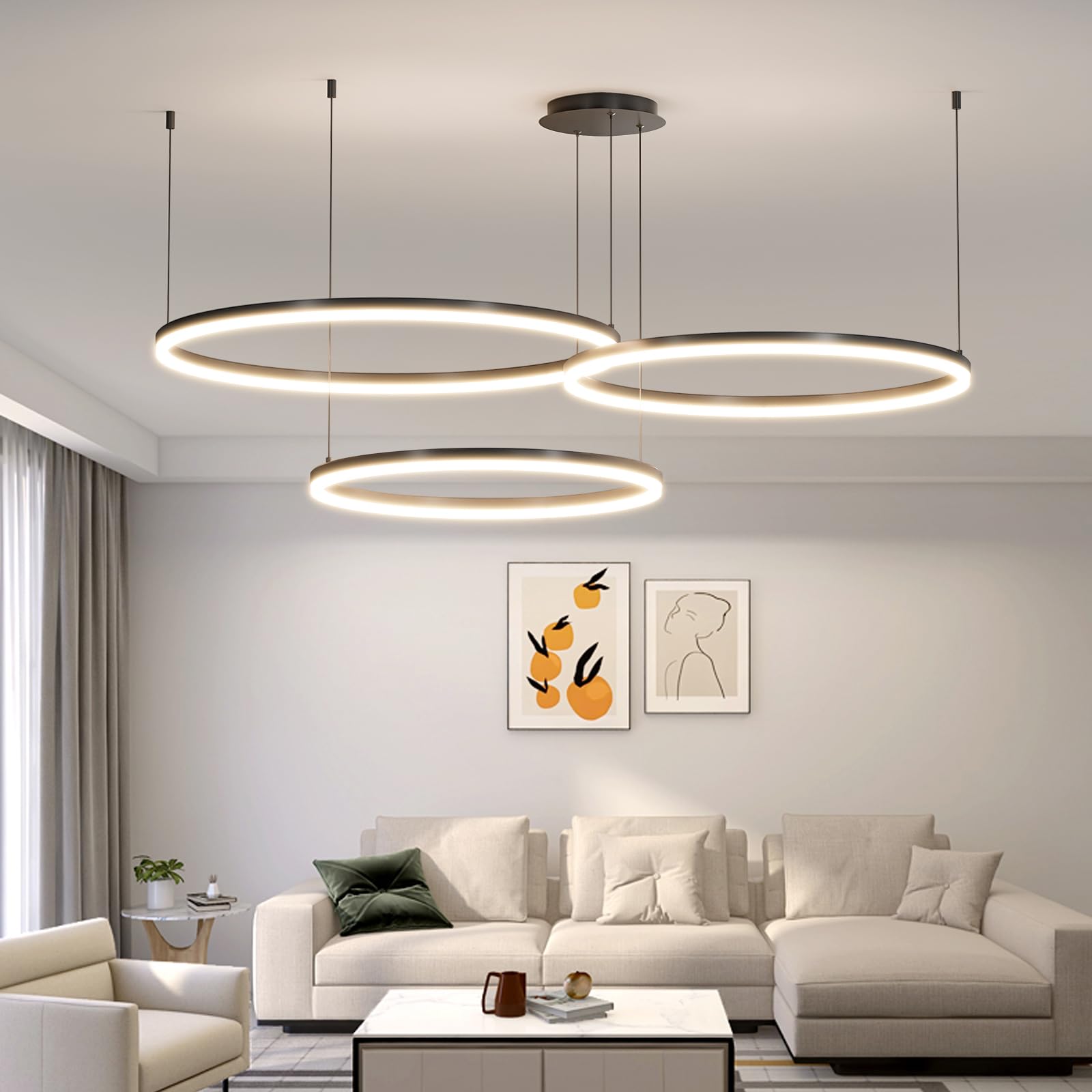 Matven Modern Dimmable Chandelier Light, Remote Control, 3 Color Modes, 15.7+23.6+31.4in, Black, Model KD-YX, Acrylic Material