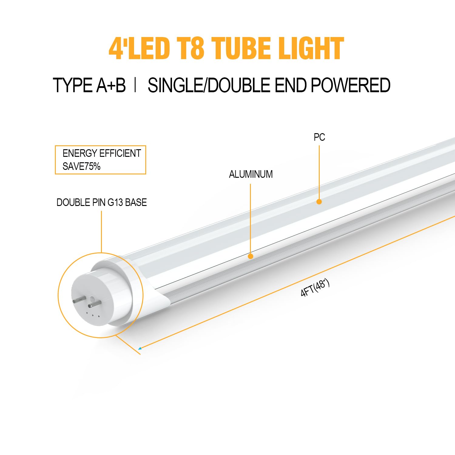 BESTDLCLITE T8 LED Tube Light Bulbs 4ft, 10W-24W, 6CCT, Durable Type A+B, White, 6 Pack, Model T84