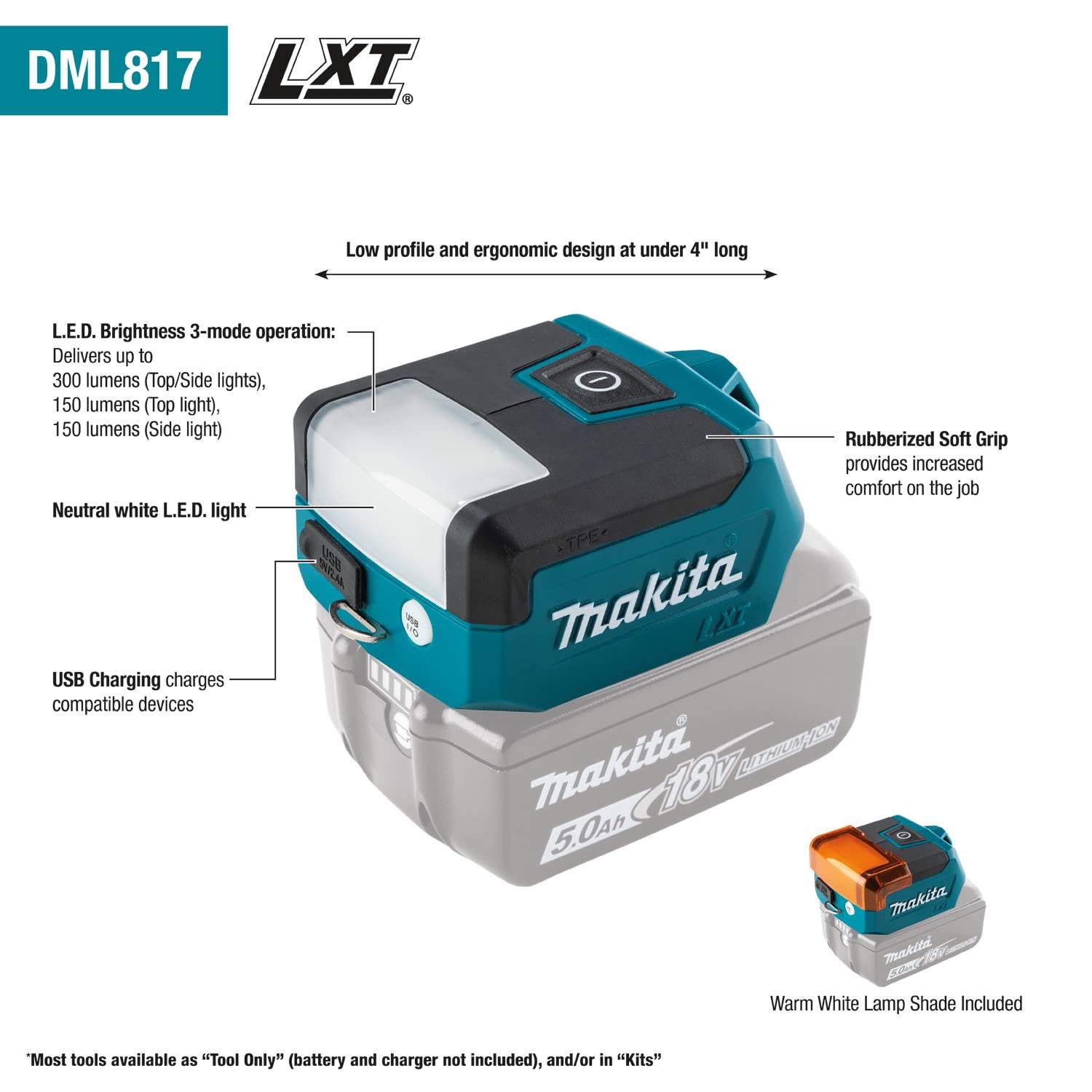 Makita DML817 18V LXT Compact LED Flashlight, Green, Plastic, Flashlight Only