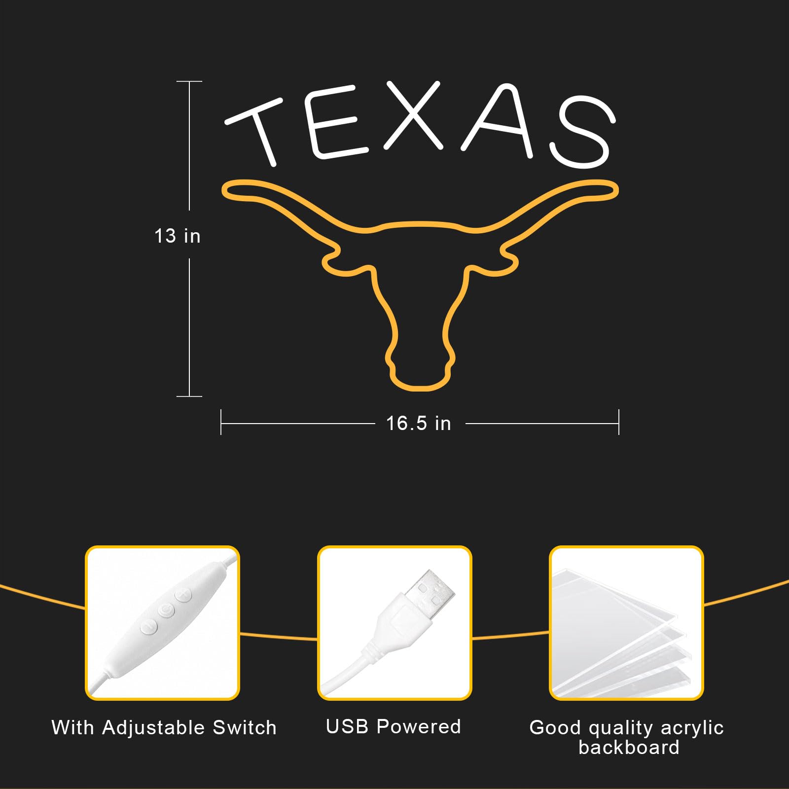 moweek TEXAS Longhorn Neon Sign - Adjustable Brightness LED Wall Decor, 15inx17in, Yellow, USB Powered, Cow Model