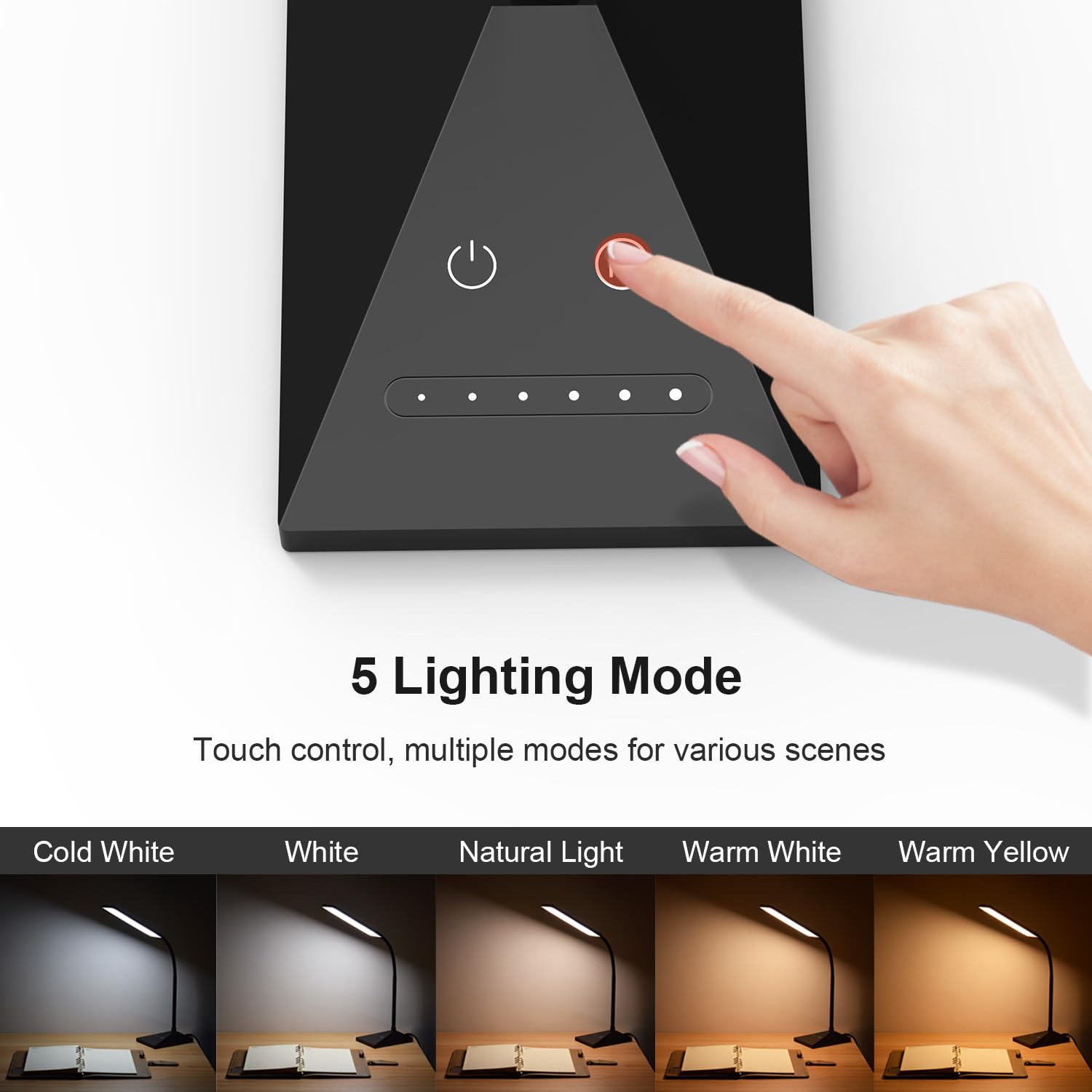 Raoyi Led Desk Lamp, 12W Dimmable Touch Control, 5 Modes, Usb Charging, Eye-Caring, Black