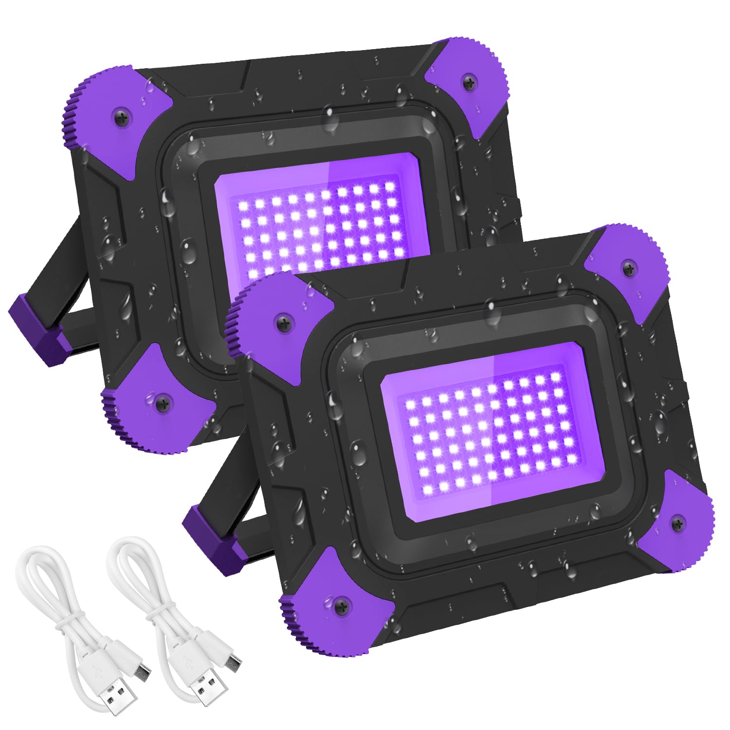 T-SUN Rechargeable Black Light, ABS, 2-Pack, Portable Work Light for Fishing and Parties, Black, Model TS-F0220-PP-2P