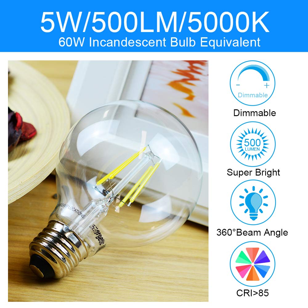 Energetic 12-Pack Dimmable Led Edison Light Bulb, G25 (G80) Globe Bulb, 60W Equivalent, 5000K Daylight, Christmas Light, E26 Sta