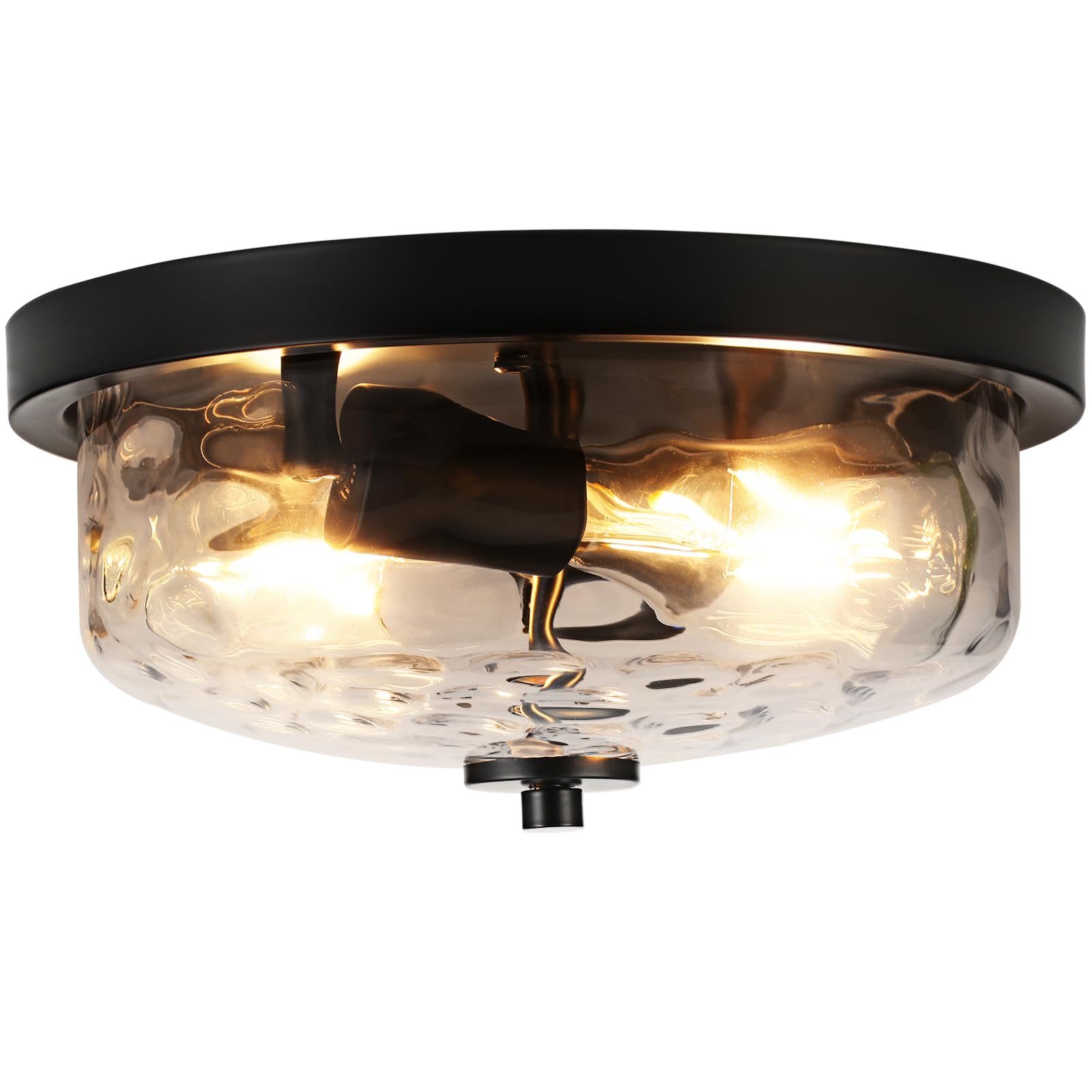 Foucasal Black Flush Mount Ceiling Light, Farmhouse Hallway Light Fixtures With Water Ripple Glass Shade 2-Light Outdoor Flush M
