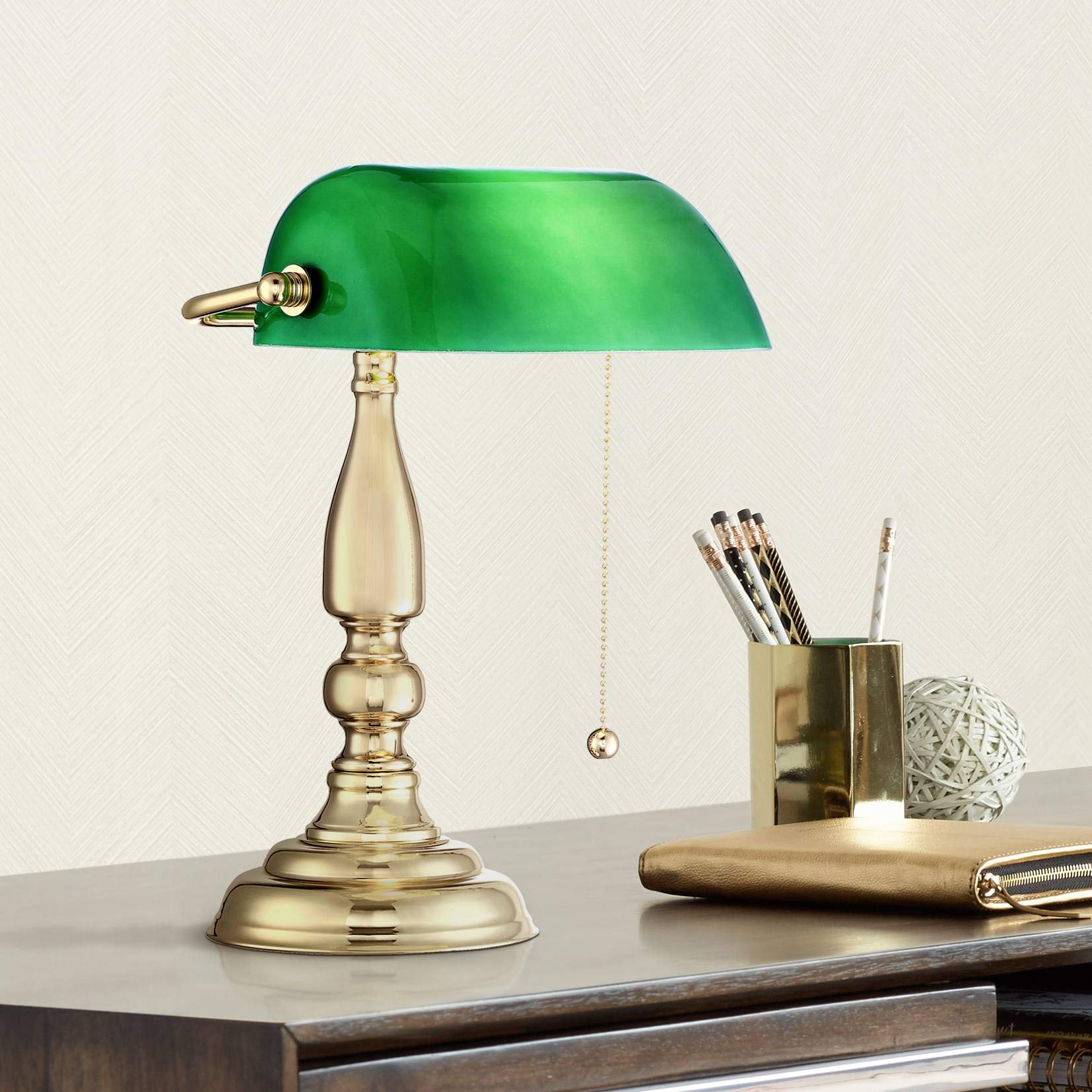 360 Lighting 360° H nd Mini Desk Lamp, 14in High, Brass Plating, Green Glass Shade, Model 23R12, Ideal for Living Room and Office