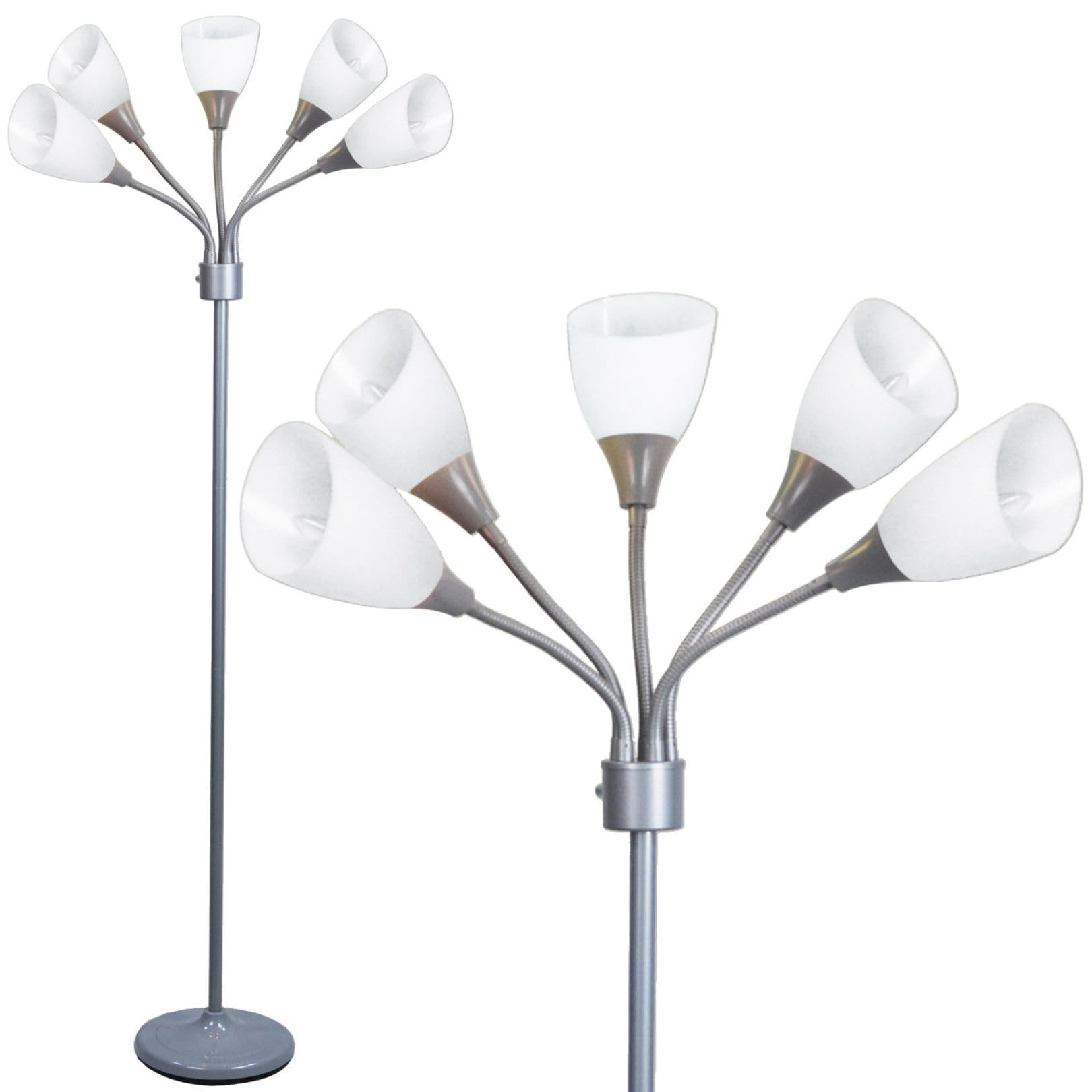 LIGHTACCENTS 5-Light Floor Lamp - Medusa Multi-Head Silver Standing Lamp with White Acrylic Shades