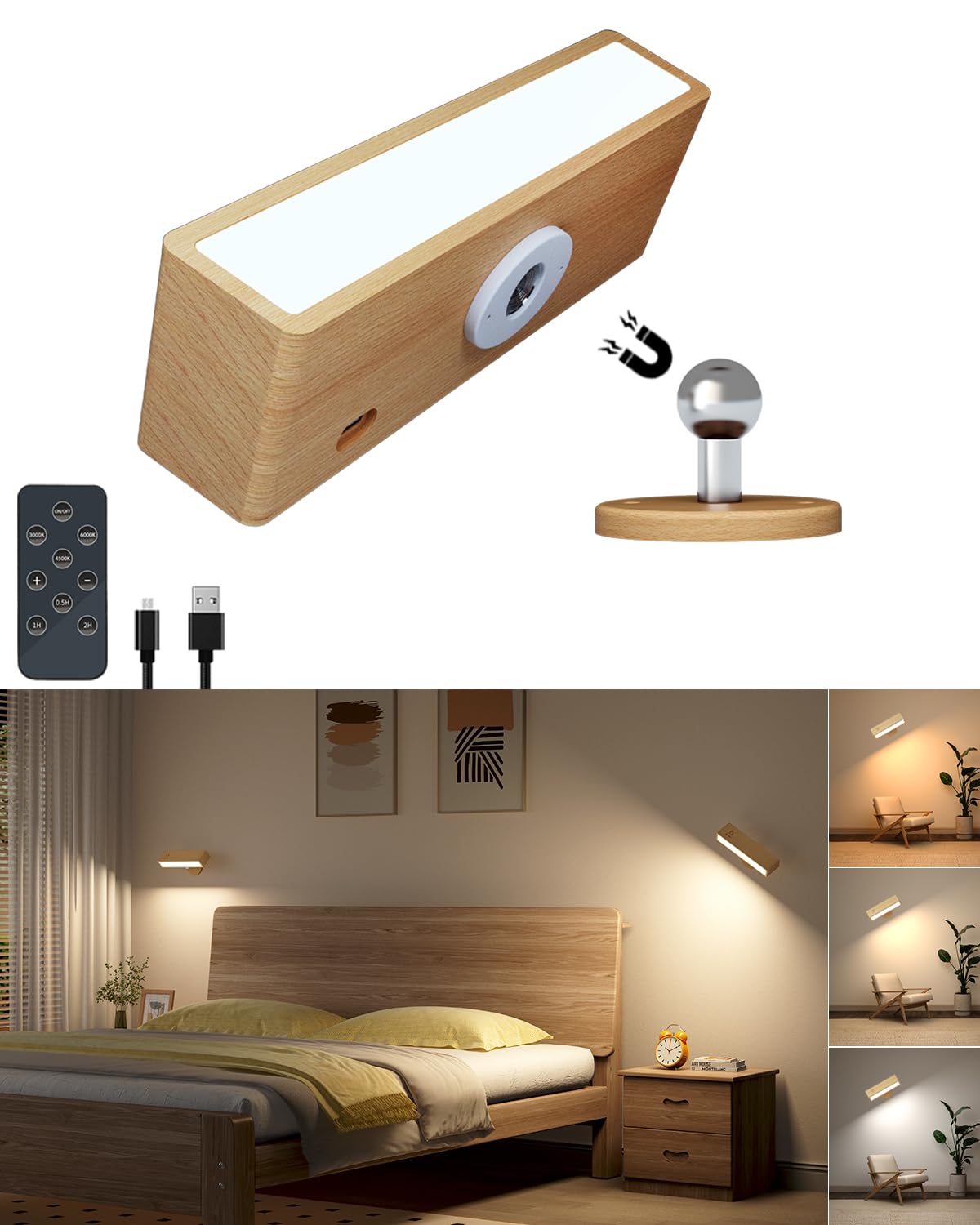 DetarZinLED Wooden Wall Sconce Battery Operated with Remote,Rechargeable Wall Lights for Bedroom with 3 Color Temperature, Magne