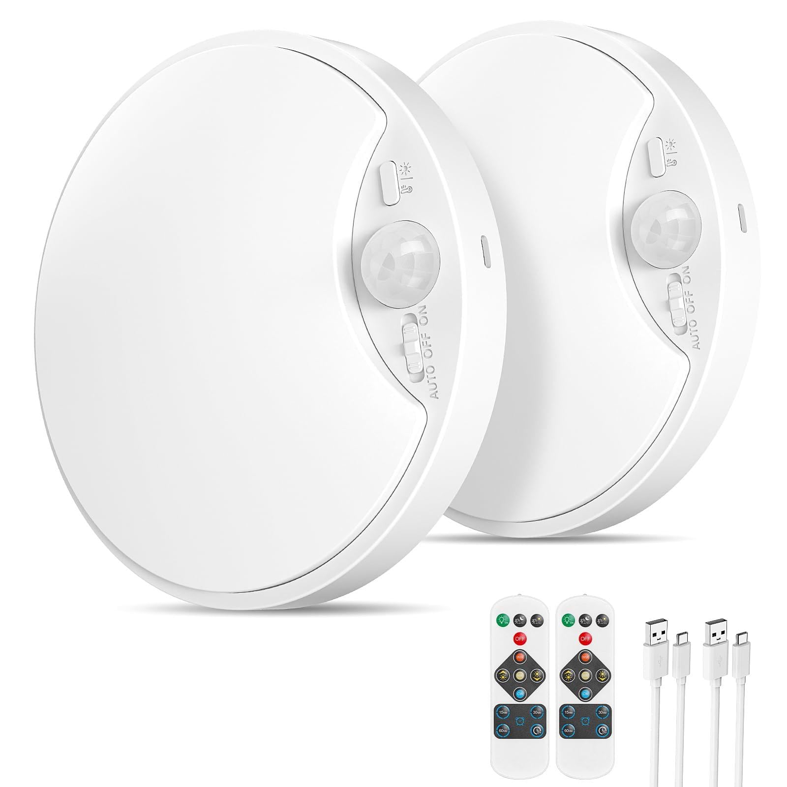 2 Pack 10000mAh Rechargeable Motion Sensor Ceiling Light with Remote, Battery Operated Closet Light No Wiring, Magnetic Wireless