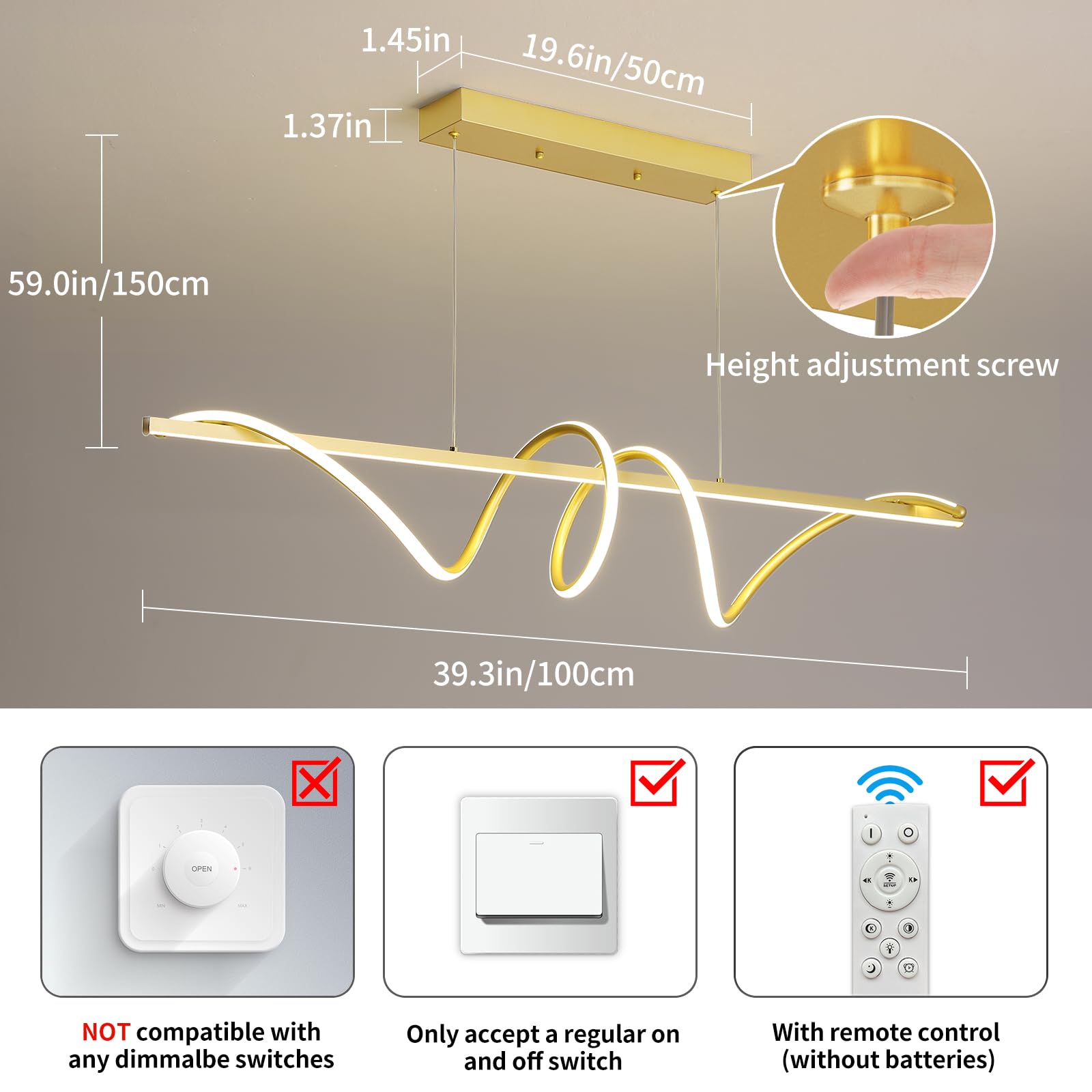 Modern Led Gold Pendant Light, 39In Ceiling Chandelier Fixtures Dimmable With Remote Control 3000K-6500K Adjustable Color Temperature,Aluminum Island Lighting Lamp For Dining Room, Living Room