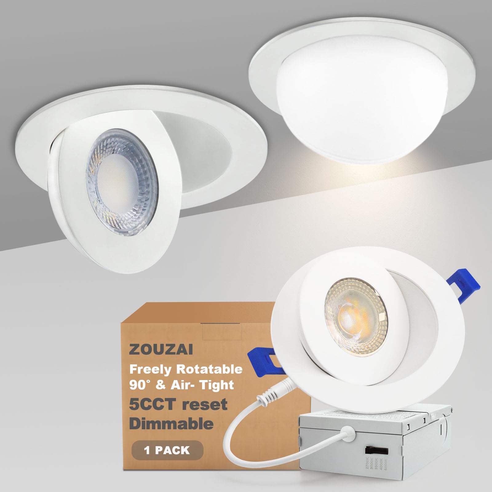 zouzai 1 Pack 4 inch 5CCT LED Gimbal Led Recessed Light with Junction Box, 360+90 Adjustable Directional Eyeball Lighting, Dimma