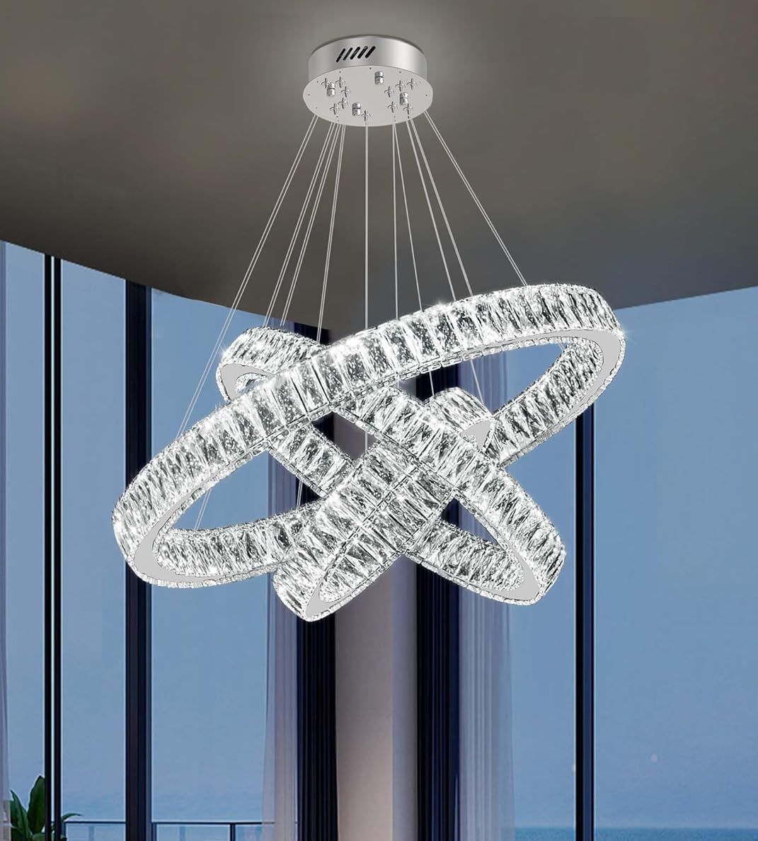 Idequy 3 Rings Crystal Chandeliers 32+24+16 Crystal Ceiling Light Fixture Pendant Lighting Hanging Lamp For Living Room Led Dimmable 3000-6000K