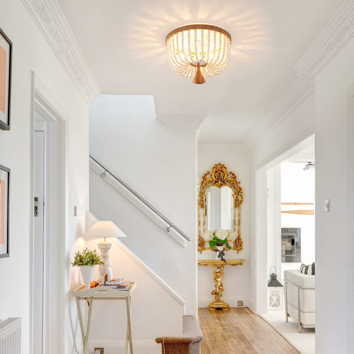 Viluxy 3-Light Bohemia Wood Beaded Flush Mount Ceiling Light For Bedroom & Kitchen Island