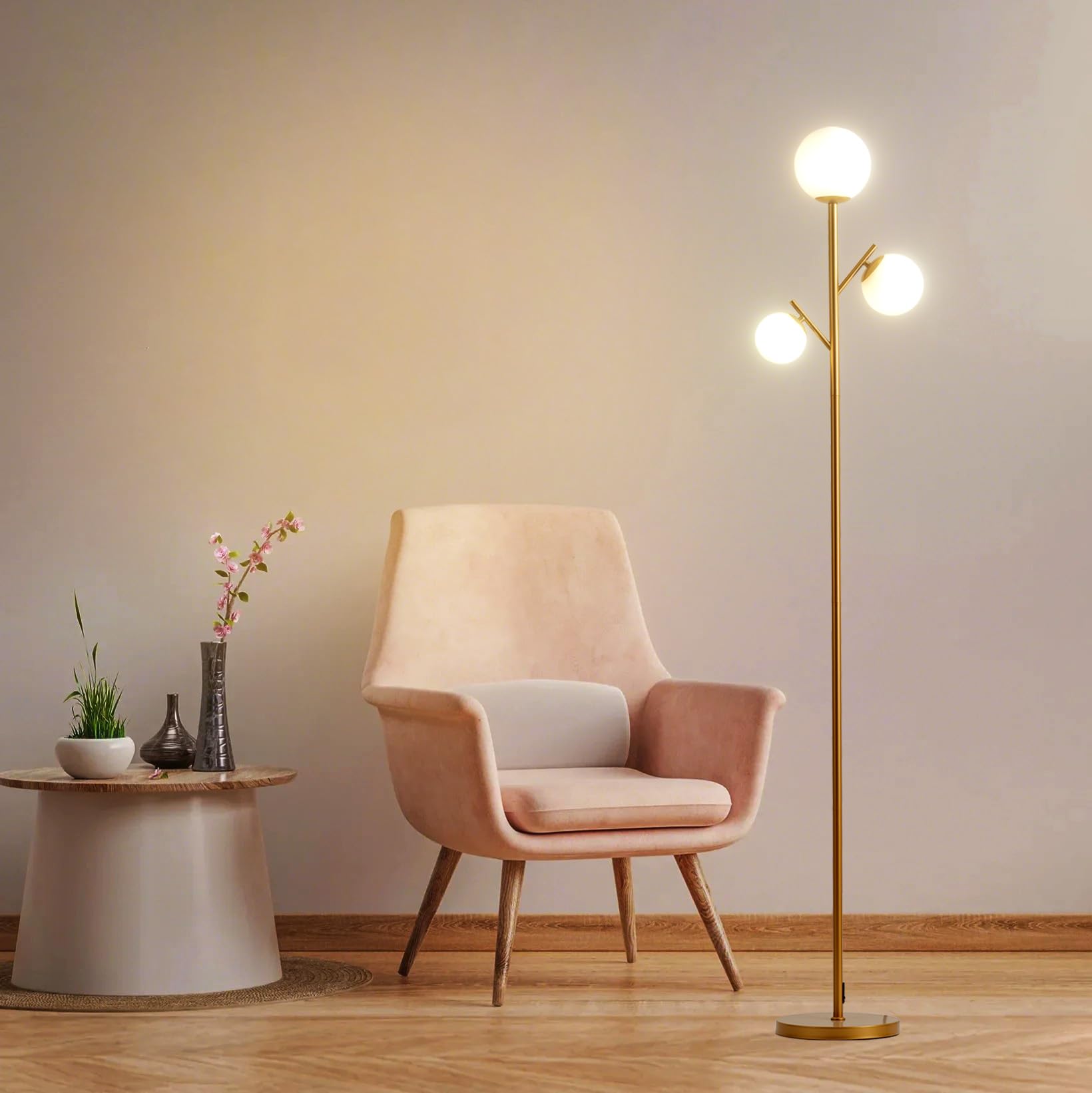 Fiqevs Mid Century 3 Globe Floor Lamp - Vintage Gold With Led Bulbs & Frosted Glass Shades