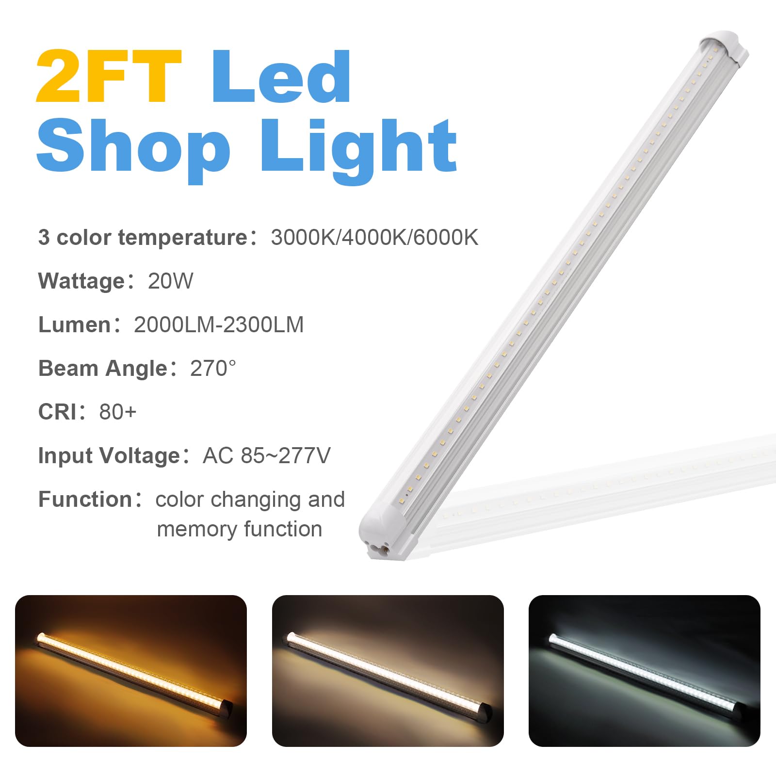 Jomitop 2Ft T8 Led Garage Shop Light Fixture,3-Color 3000K 4000K 6000K Linkable 20W Ceiling And Utility Light For Under Cabinet