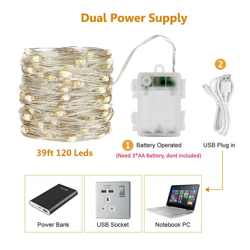 Hoofun USB & Battery Powered Fairy Lights, 39Ft, 120 LED, Multicolor, Remote Timer, Indoor/Outdoor Decor