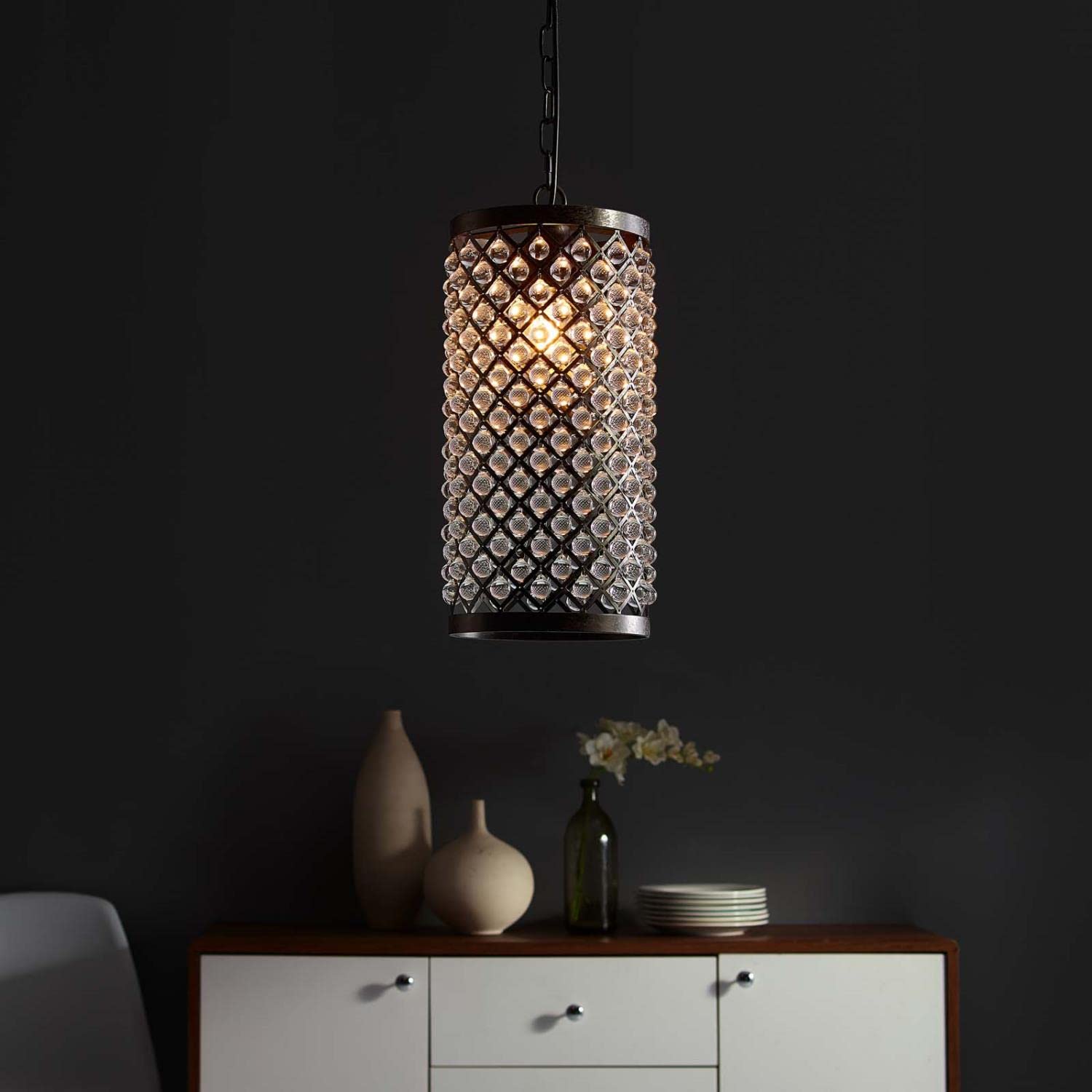 Modway Reflect Glass Bead and Black Metal Ceiling Light Pendant Chandelier
