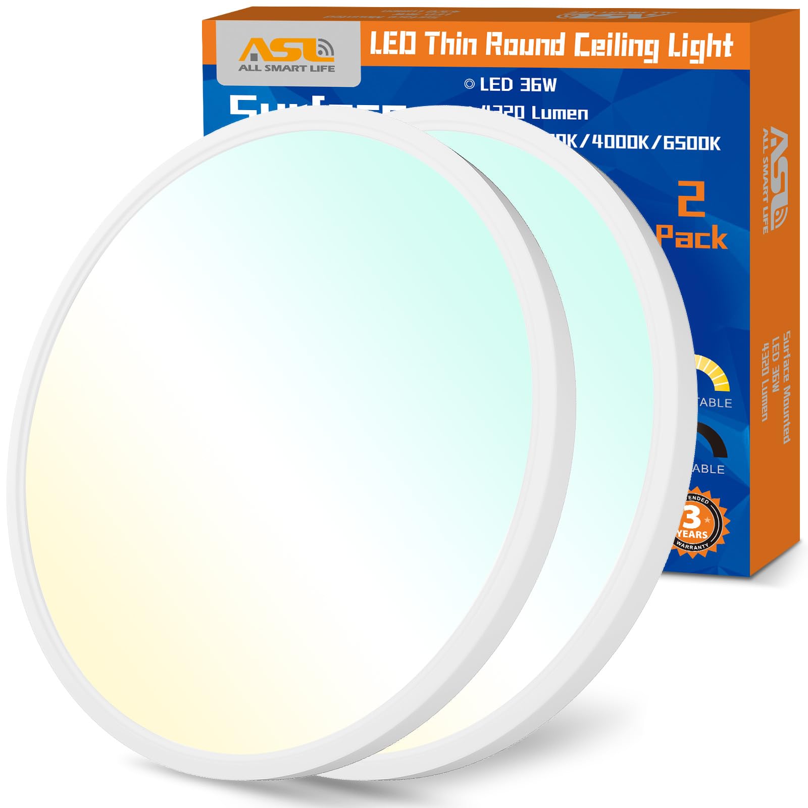 Allsmartlife Led Flush Mount Ceiling Light 2 Pack, 15.8 inch 32W 4320lm Dimmable Led Ceiling Light, 3000K/4000K/6500K, Round Led