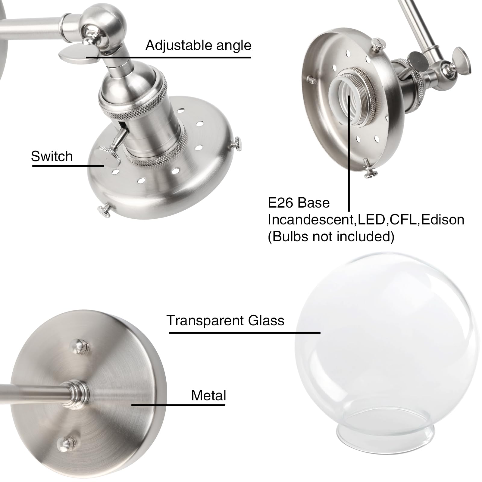 Permo Vintage Industrial Wall Sconce Lighting Fixture With Mini 5.9 Round Clear Glass Globe Hand Blown Shade (Brushed)