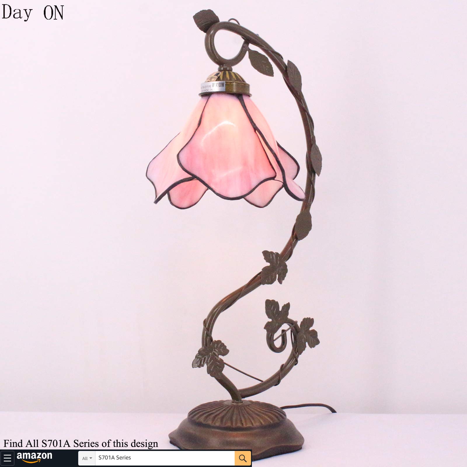 WERFACTORY Tiffany Lamp - Pink Stained Glass Table Lamp, 8X10X21 Inches, Metal Leaf Design for Bedroom & Home Office, S701 Series