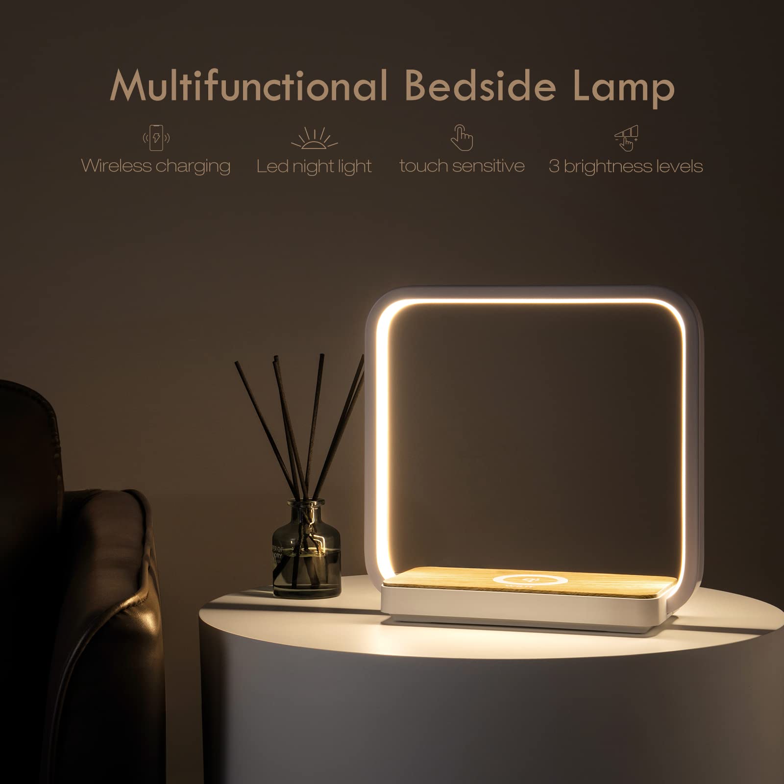 WILIT A13 Bedside Lamp with Qi Wireless Charger, 3-Step Dimmable Touch Control, White Metal for Living Room, Bedroom, Kids Room