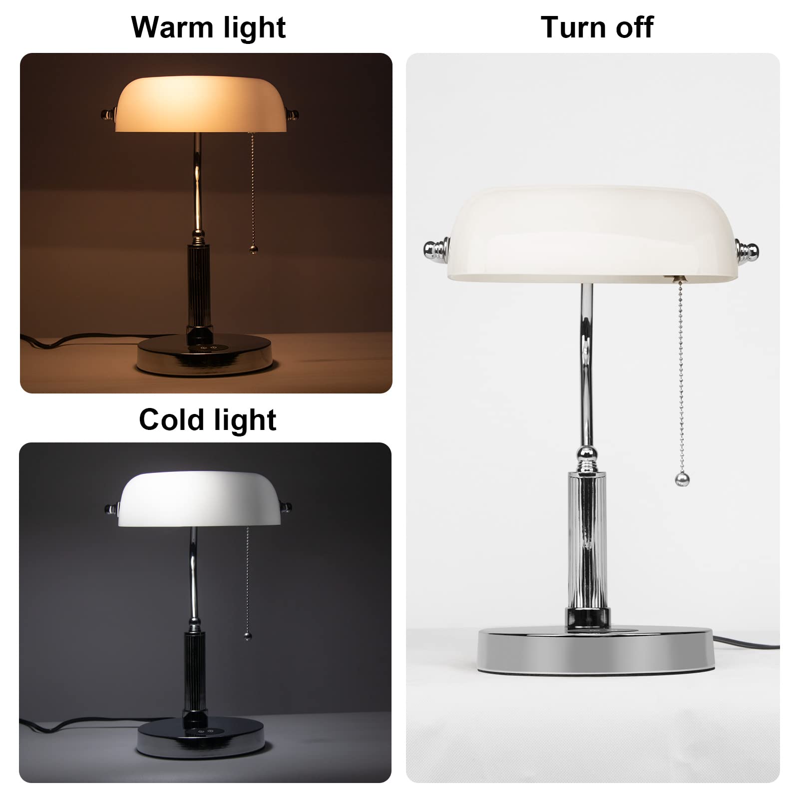 FIRVRE Bankers Lamp, White Glass Desk Lamp with Wireless Charger and 2USB Charging Port,Pull Chain Switch Lamp with Metal Base,M
