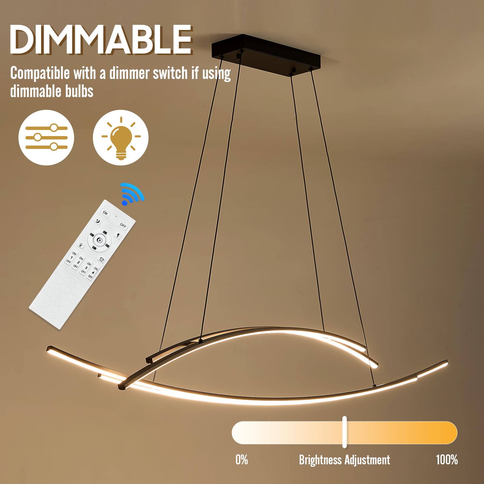 AIRYPHANT 48in LED Chandelier 4-Light Dimmable Island Light Black Aluminum P2018