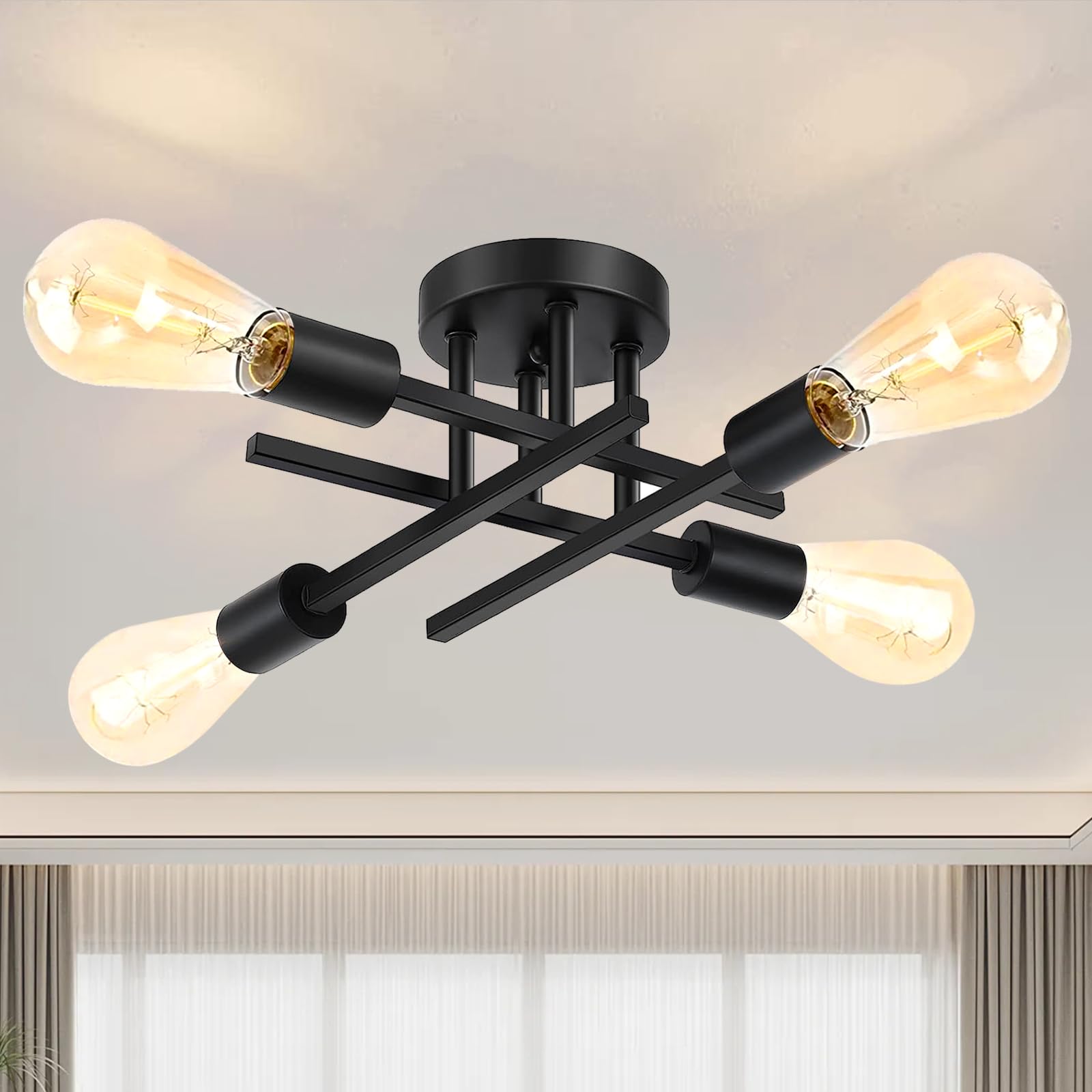 Maichixin 4-Light Black Ceiling Light Fixture, Metal Semi Flush Mount, Modern Design for Dining Room and Bedroom
