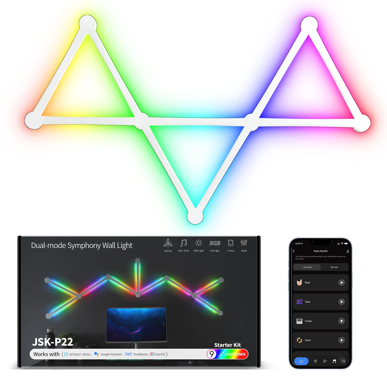 KOBAIBAN Smart WiFi RGB LED Wall Light Lines 16M+ Color LED Dimmable Music Sync Gaming Room, Bedroom, Led Home Wall Decor Light 