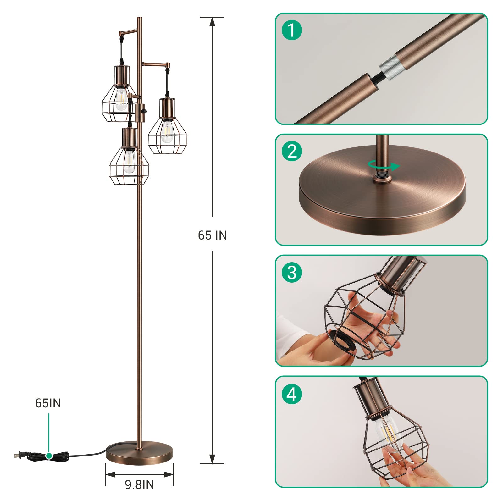 Edishine Dimmable Industrial Floor Lamp, Rustic 65In Metal Standing Light, Brown, Includes 3 Led Edison Bulbs, Perfect For Living Room/Bedroom