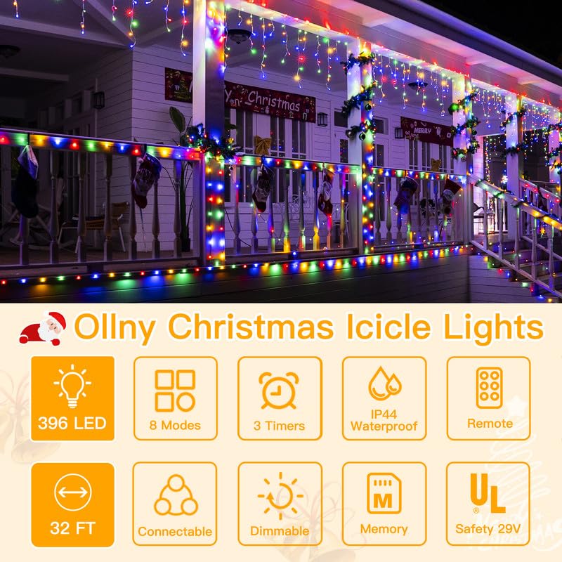 Ollny Icicle Lights For Outside 396Led 32Ft, Multicolor Christmas Light With Remote 8Modes Timers Waterproof, Plug In Connectabl