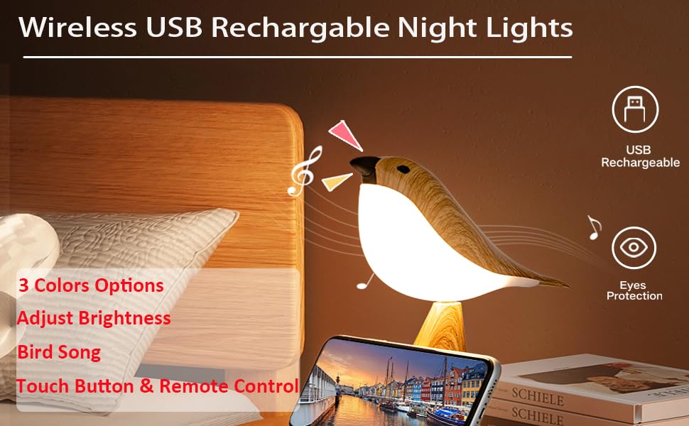 THOEWONG Small Bird Desk Lamp, Rechargeable, 3 Color Temperatures, Remote Control, Brown Color, Model bird03