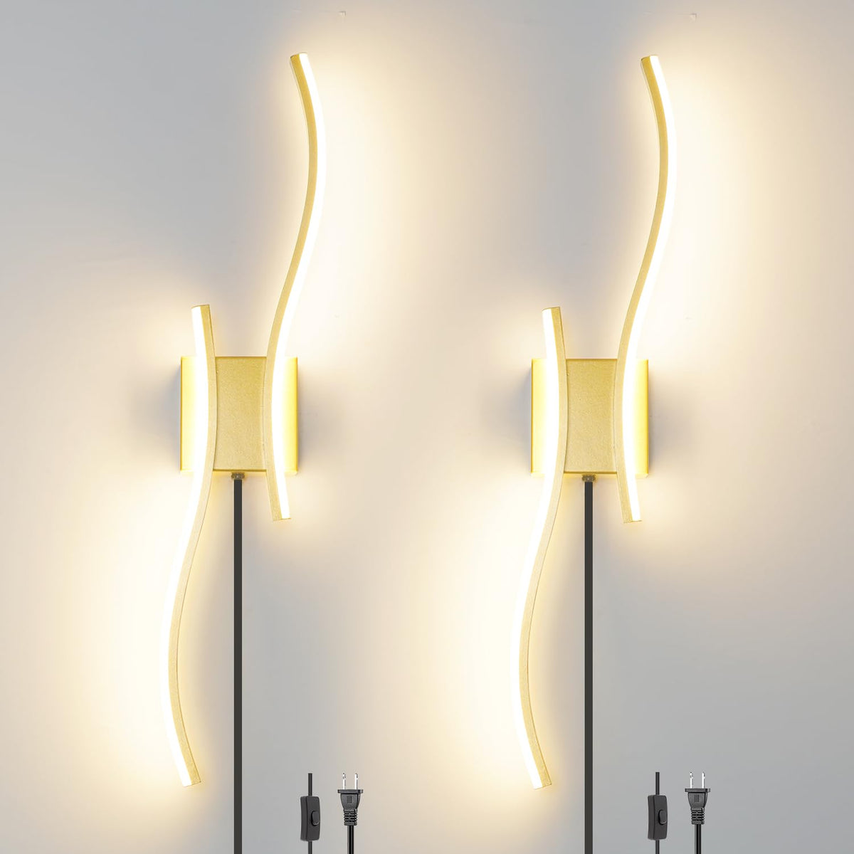 Daunton Wall Sconce Set of 2, Gold Dimmable LED Light, 27.5in Plug-in ...