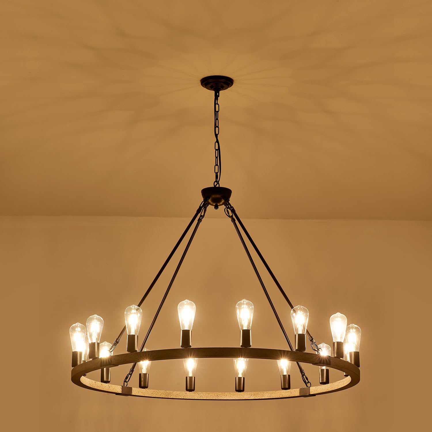 Brfaixla 16 Lights Wooden Wagon Wheel Chandelier Farmhouse 43.3’’ White, Black Metal Pendant Chandeliers Wood Vintage Rustic Light Fixtures Industrial For Living Dining Room Foyer High Ceiling Villa