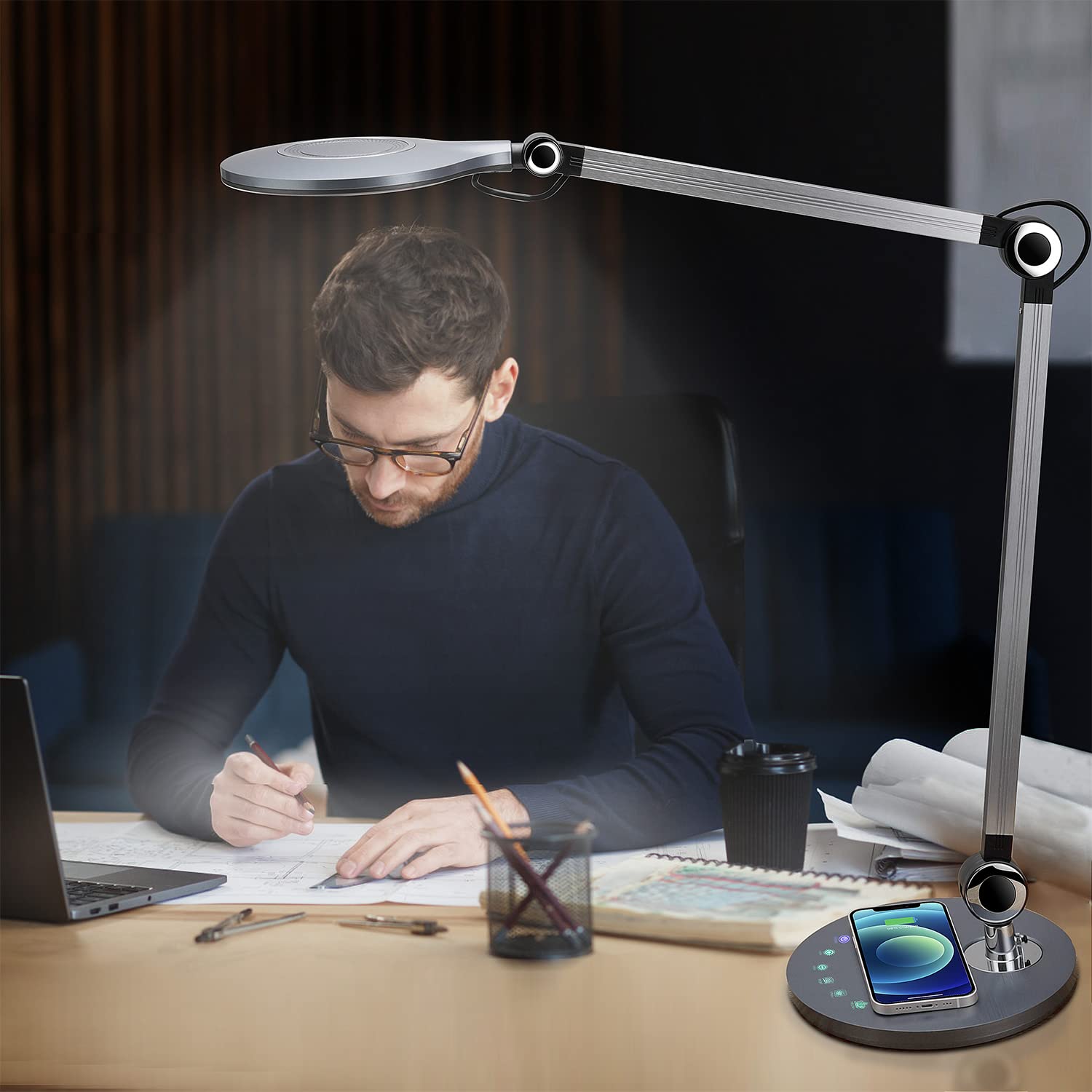 Buanick Desk Lamp,Led Architect Desk Lamp,Desk Lamps For Home Office,Table Lamp With Wireless Charger & Adjustable Swing Arm,Touch Control, 3 Lighting Mode,5 Brightness,Eye-Caring Office Lamp