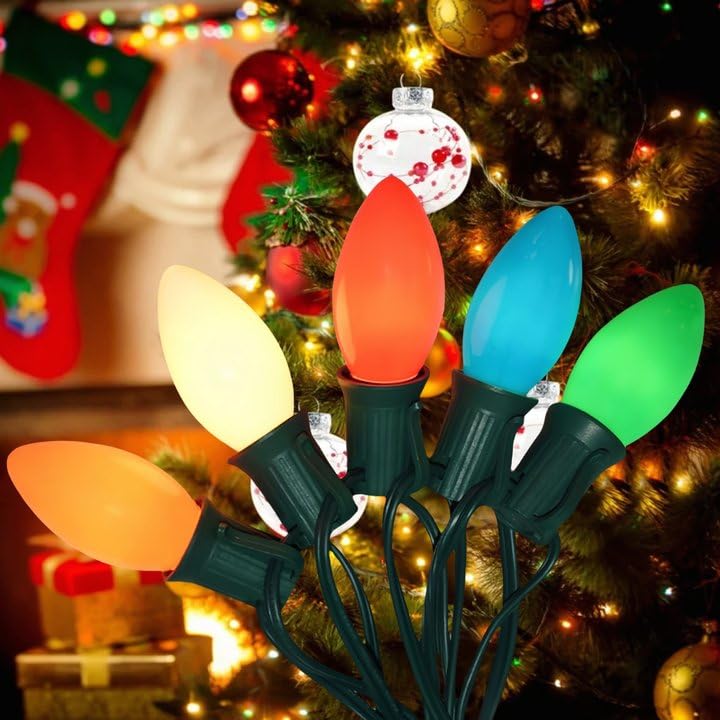 Couah 25Ft C9 Vintage LED String Lights, 27 Multicolor Bulbs, Green Wire for Indoor/Outdoor Christmas Party Decorations
