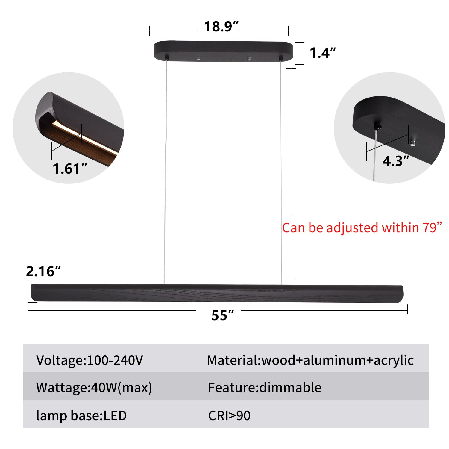 Yisdesign 55Inch Wood Led Linear Pendant Light  Dimmable Wood Ceiling Lamp Minimalist Linear Chandelier  40W Warm Light 3000K  Modern Kitchen Island Dining Room Lighting Black Adjustable Height
