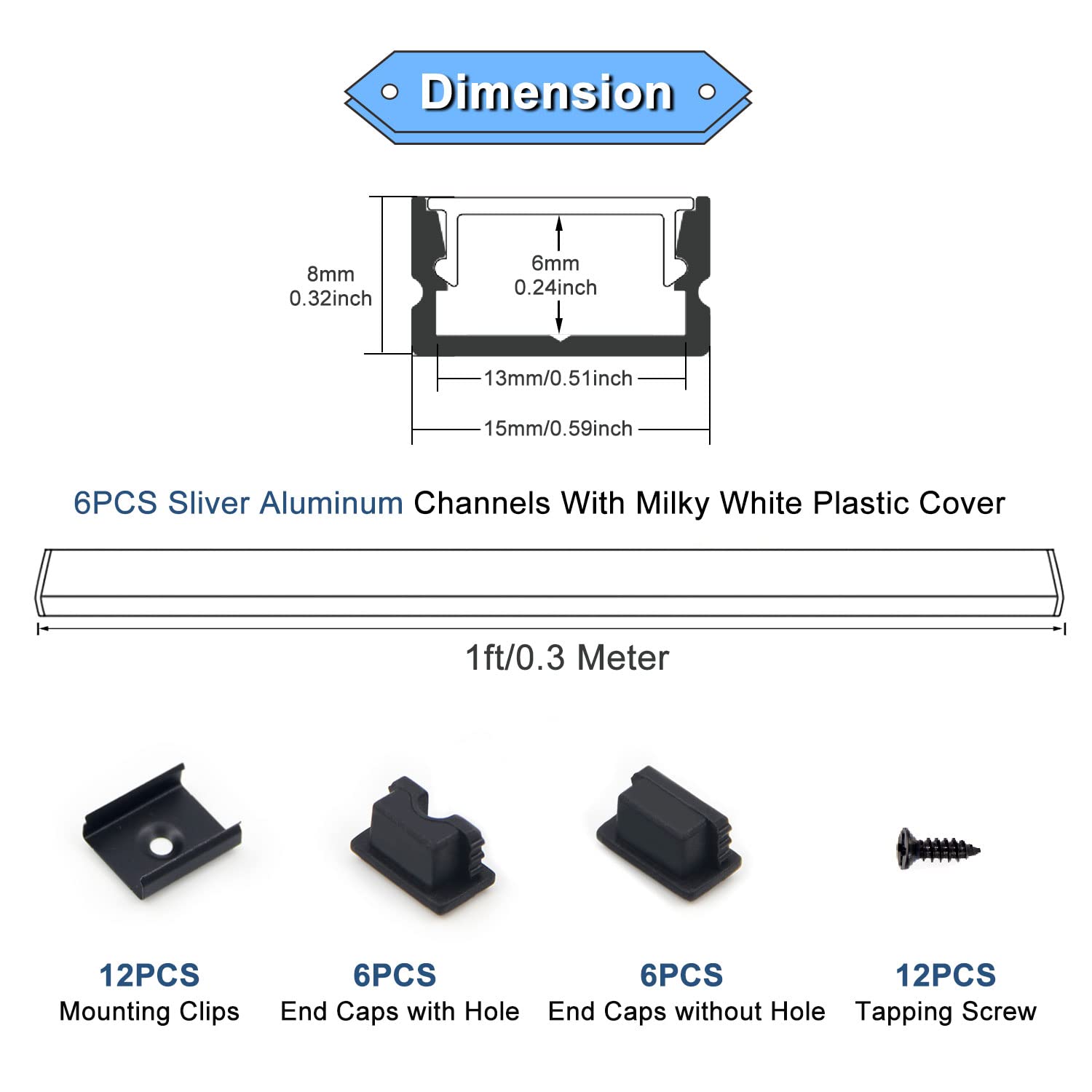 VST LED Channel System, 12inch U Shape Aluminum Profile, Milky Cover, 1FT, 6 Pack