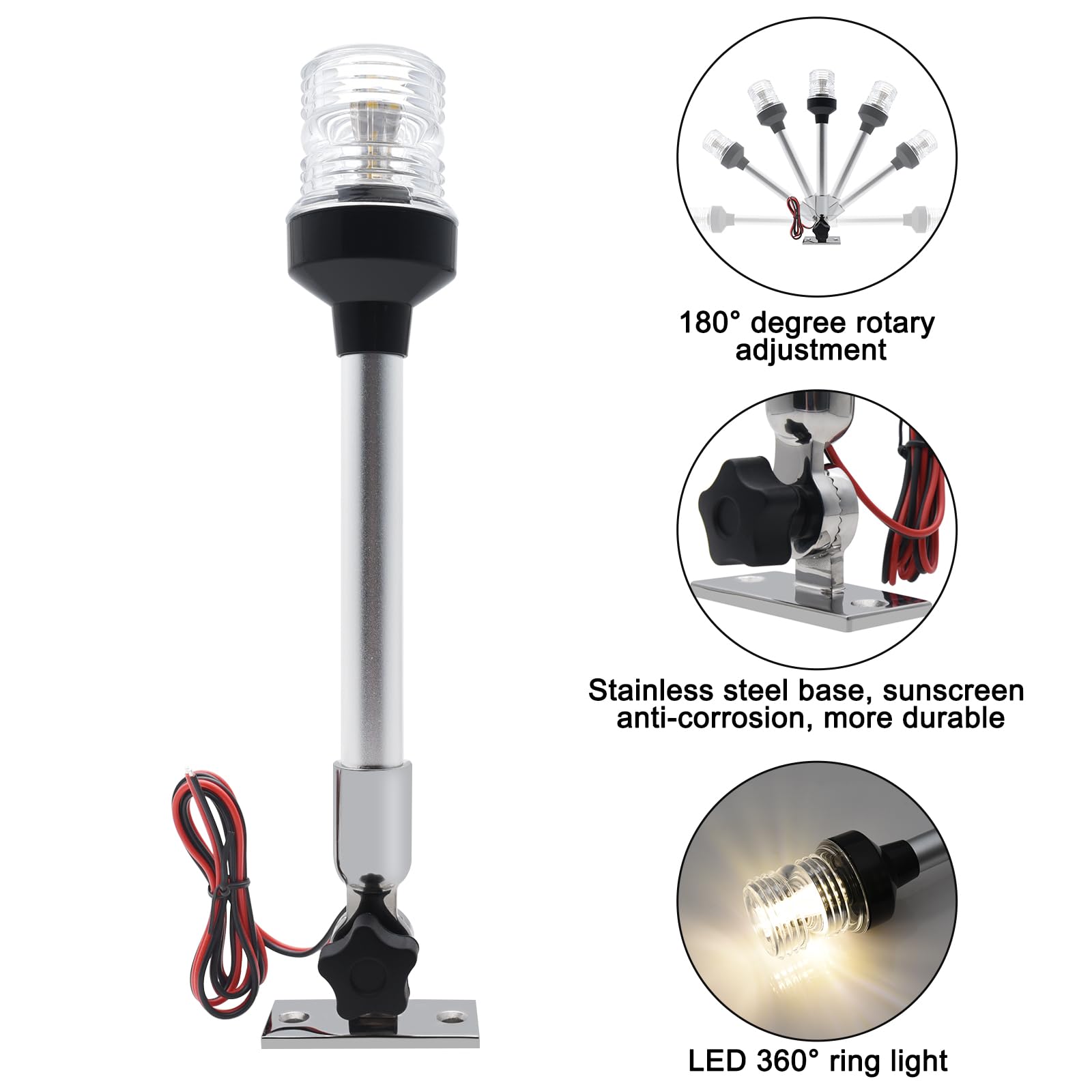 Geloo Marine Navigation Lights, Waterproof IP67 12 Inch LED Stern Light, 360° Fold Down, Stainless Steel Base