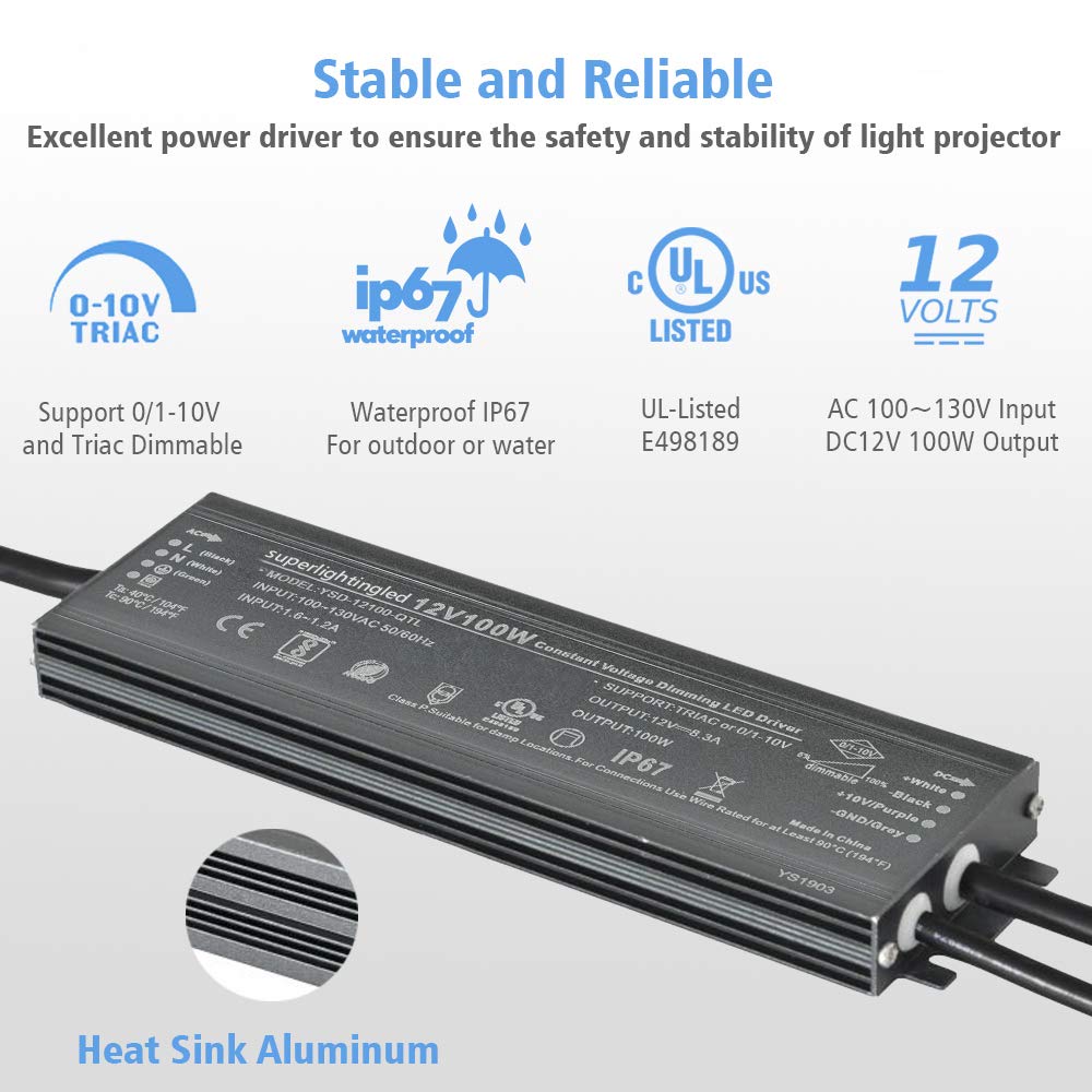 SuperlightingLED 12V 100W Waterproof Power Supply, 0-10V & TRIAC Dimmable, Black, for LED Strip Lights and Outdoor Lighting