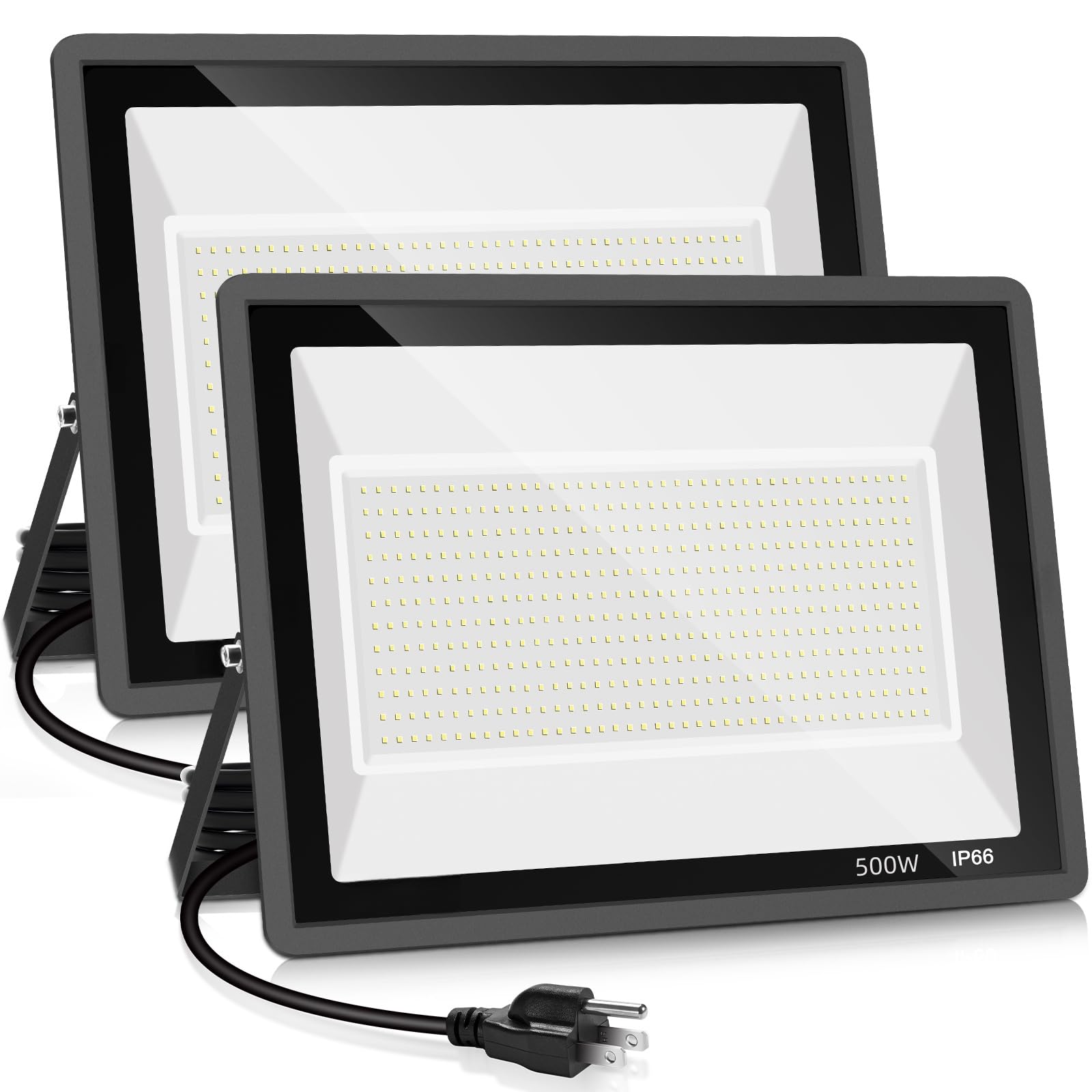 YANYCN 2 Pack 500W LED Flood Light Outdoor,2750W Equivalent Super Bright FloodLight with Plug,58600LM 5000K Daylight White IP66 