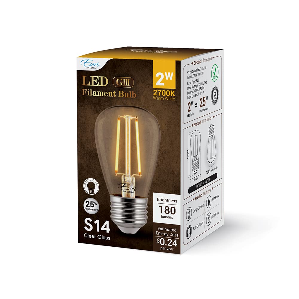 Euri Lighting Es14-2W1120, Non-Dimmable S14 Filament For String Lights, 2W (25W Equal), Warm White (2700K),180Lm, 80Cri, E26, We
