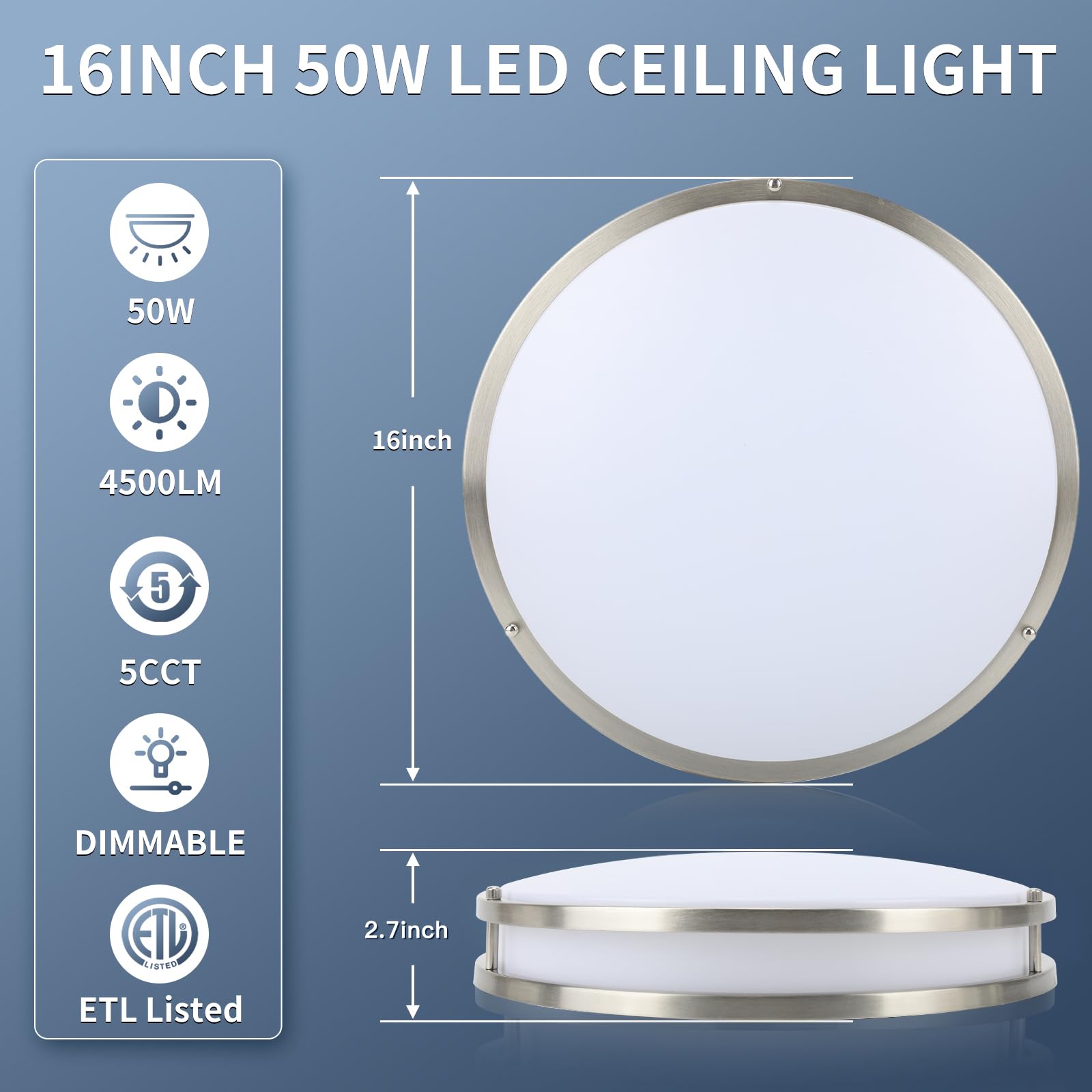 Gozig 16Inch Flush Mount Led Ceiling Light Fixtures, 5Cct Adjustable 2700K 3000K 4000K 5000K 6500K, Dimmable Close To Ceiling Li