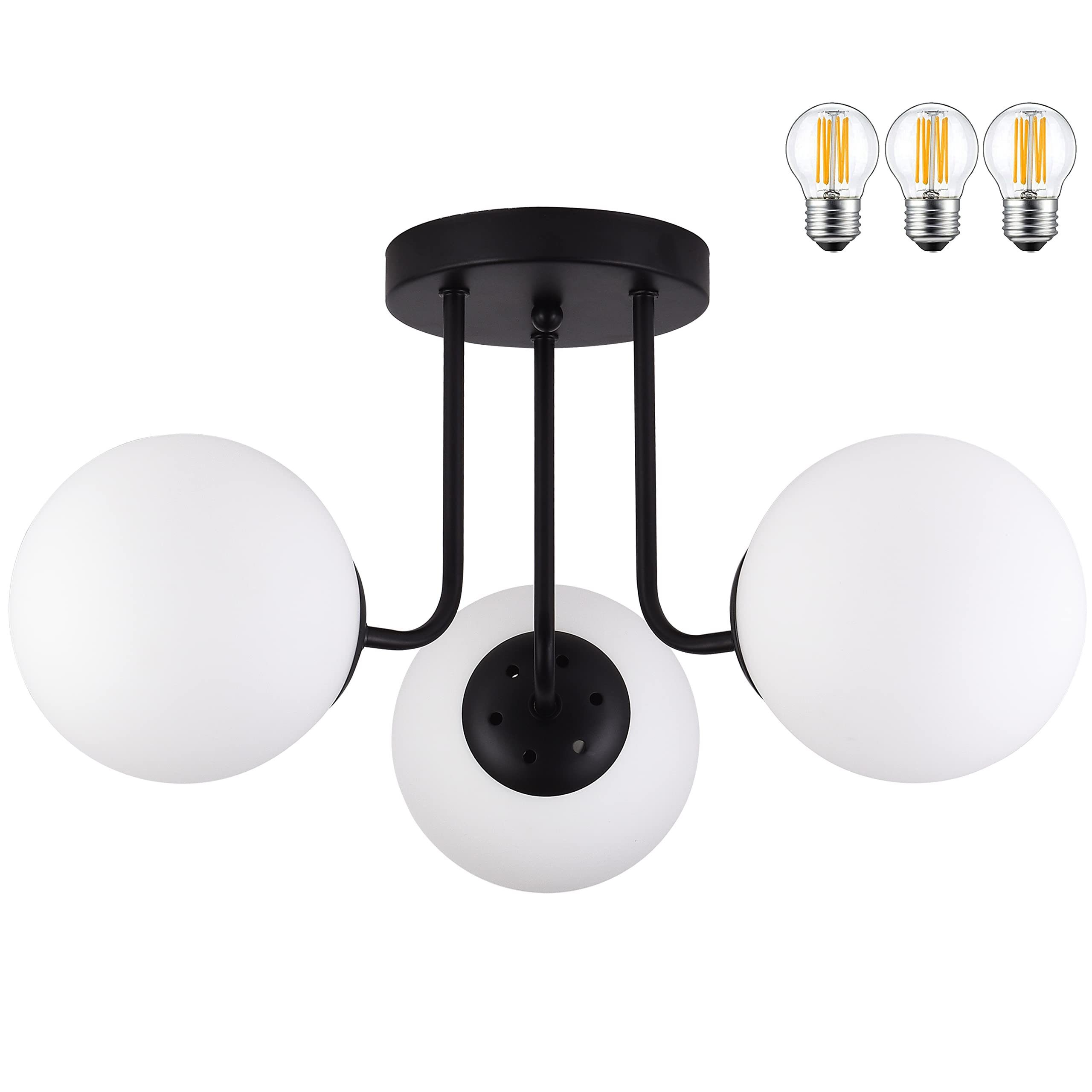 KoKo&Yukina 3-Light Semi Flush Mount Ceiling Light with Opal Milk Glass Globe & Matte Black for Bedroom, Hallway, Entryway, Kitc