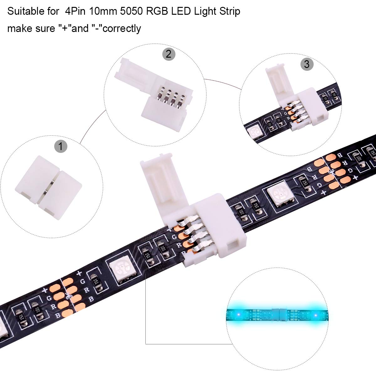 Icreating Led Strip Connectors 4 Pin  Rgb Led Light Connectors Kit Includes 5050 Led Connectors L Shape 4Pin 10Mm Led Light Strip Connectors
