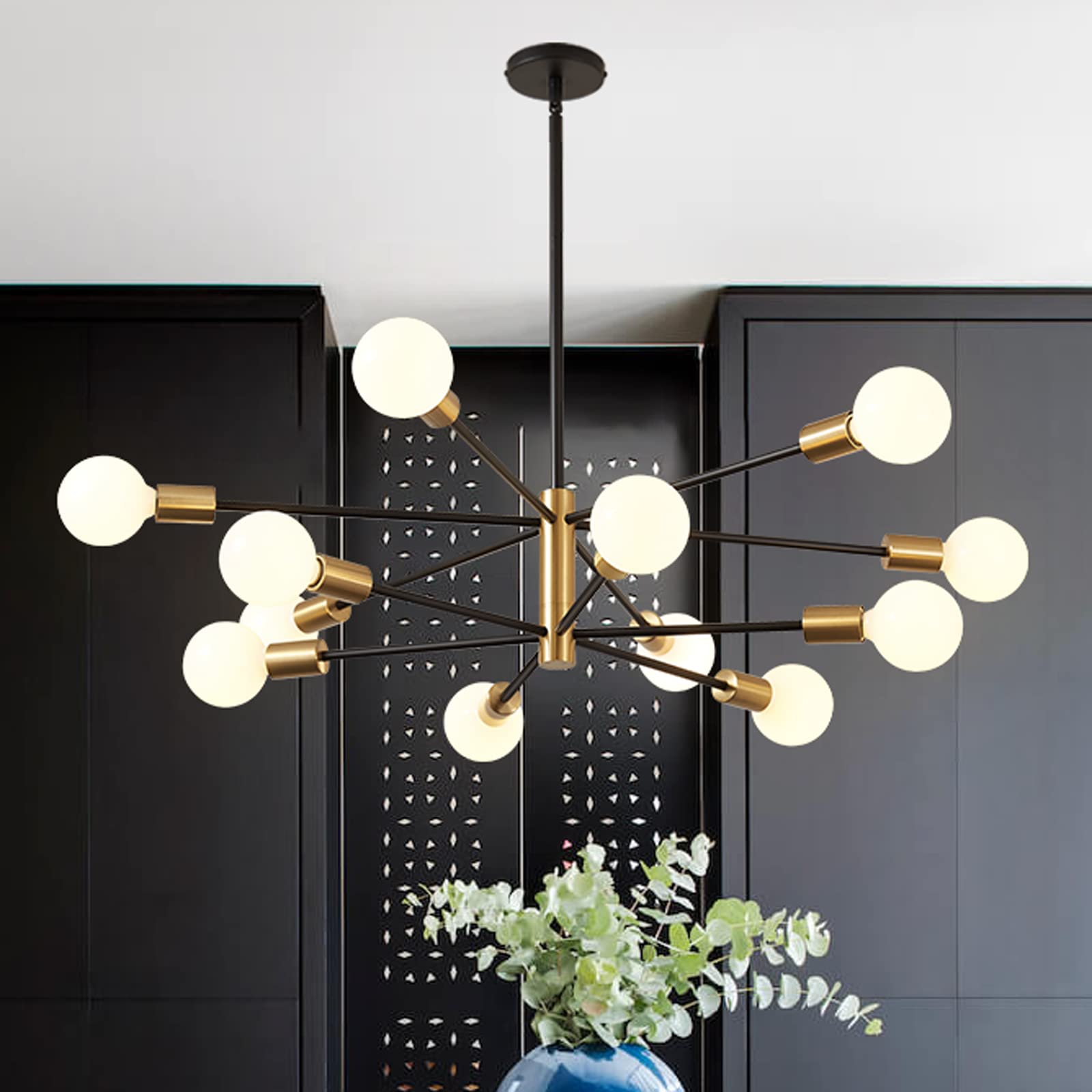 RUIYEY Modern Chandelier Ceiling Light Fixture Sputnik Chandeliers Gold and Black Farmhouse Chandelier Over Table 12-Light Heigh