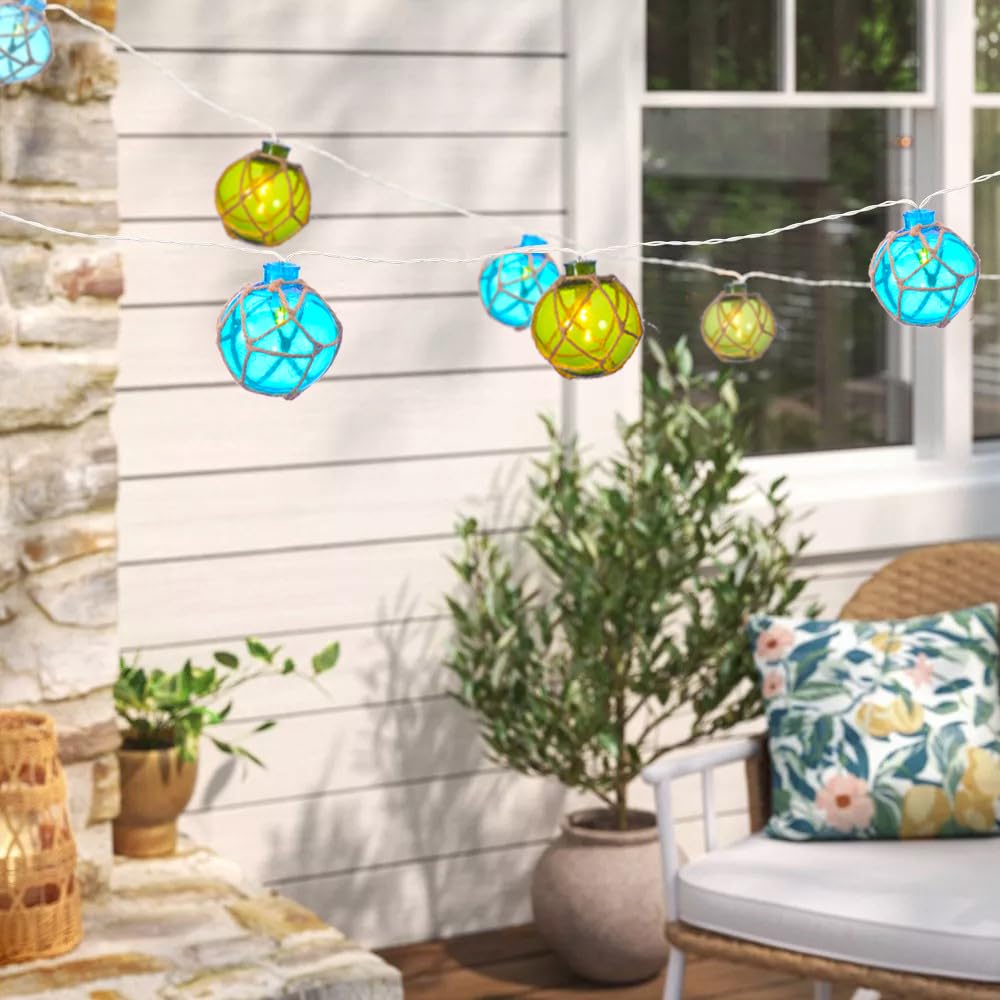 NIOSTA Ocean Beach String Lights, 10 Nautical Float Ball Lights, Plug in, Blue Green, FAP107A03A, Coastal Decoration