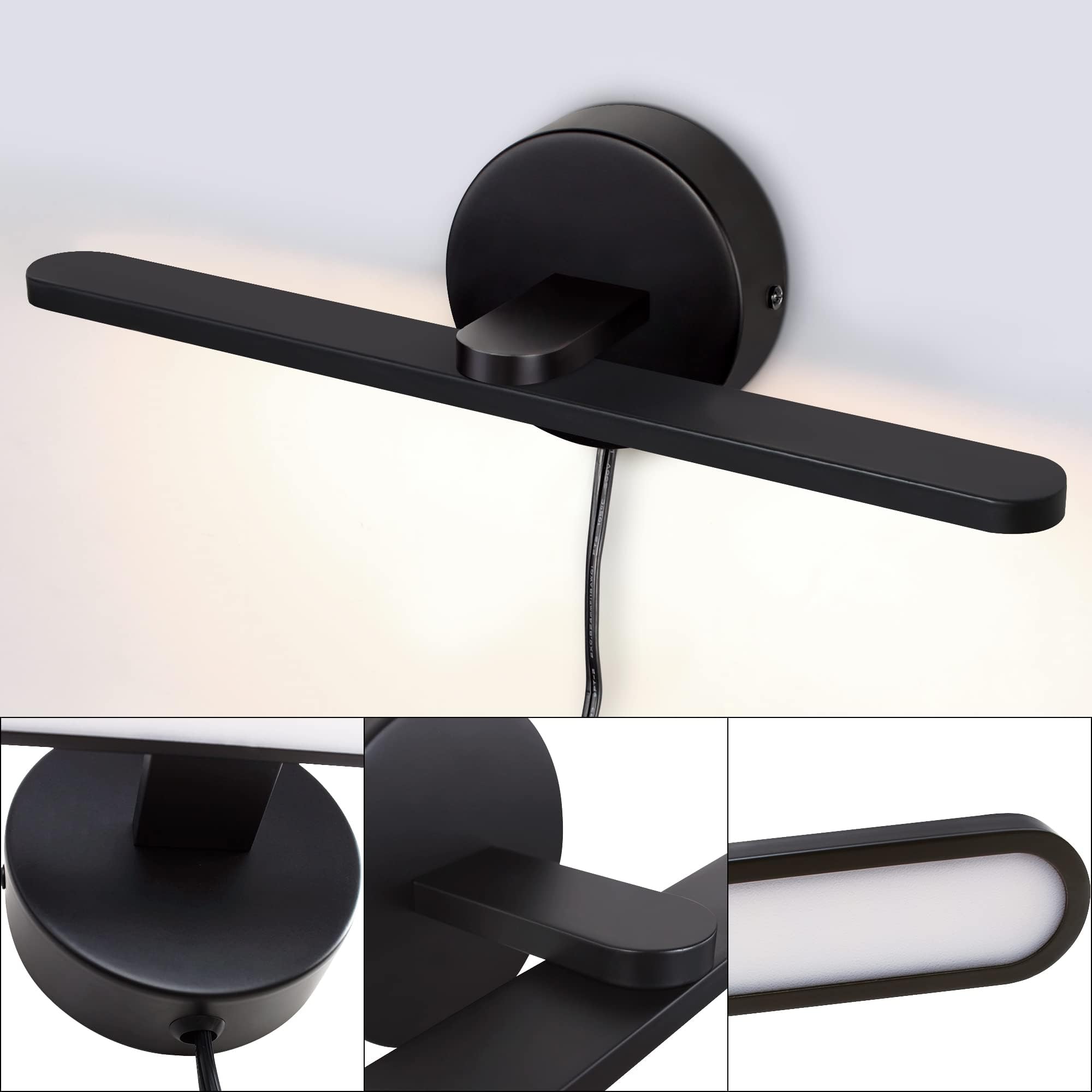 Mantolite Led Vanity Lighting Fixtures, 15.75 Inch Wall Mounted Plug In Light Fixtures, Bathroom Over Mirror Lamp Modern Home Wall Picture Lamps Sconces, 12W 3000K Black Make-Up Mirror Front Lamps